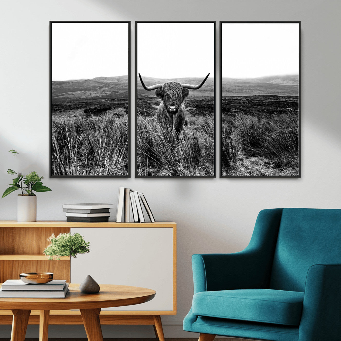 MGV-FC-48X32-3P - Black and White Highland Cow Canvas Wall Art, Longhorn Triptych Western Wall Decor for Cabin -