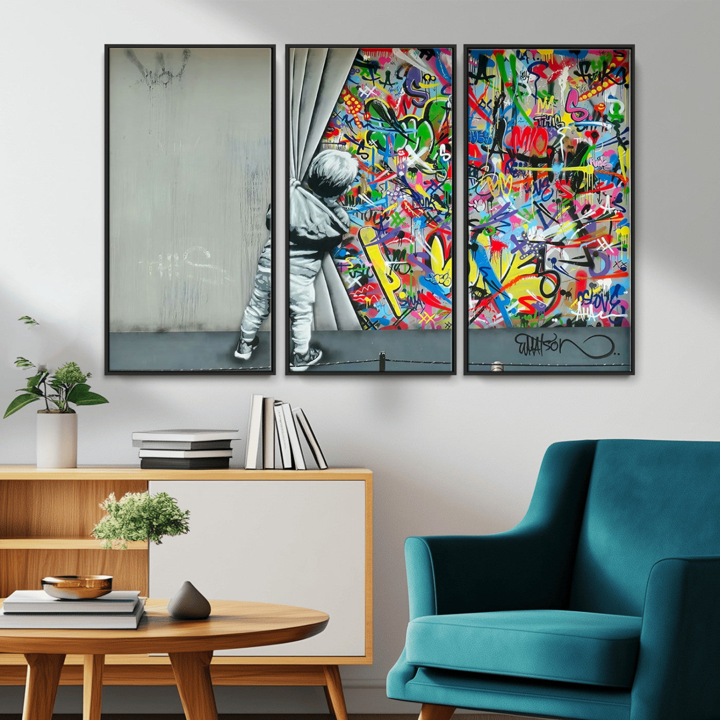 MGV-FC-48X32-3P - Banksy Colorful Street Graffiti Canvas Wall Art Print, Modern Art Triptych, Child and Graffiti Wall, Urban Art for Home or Office Decor