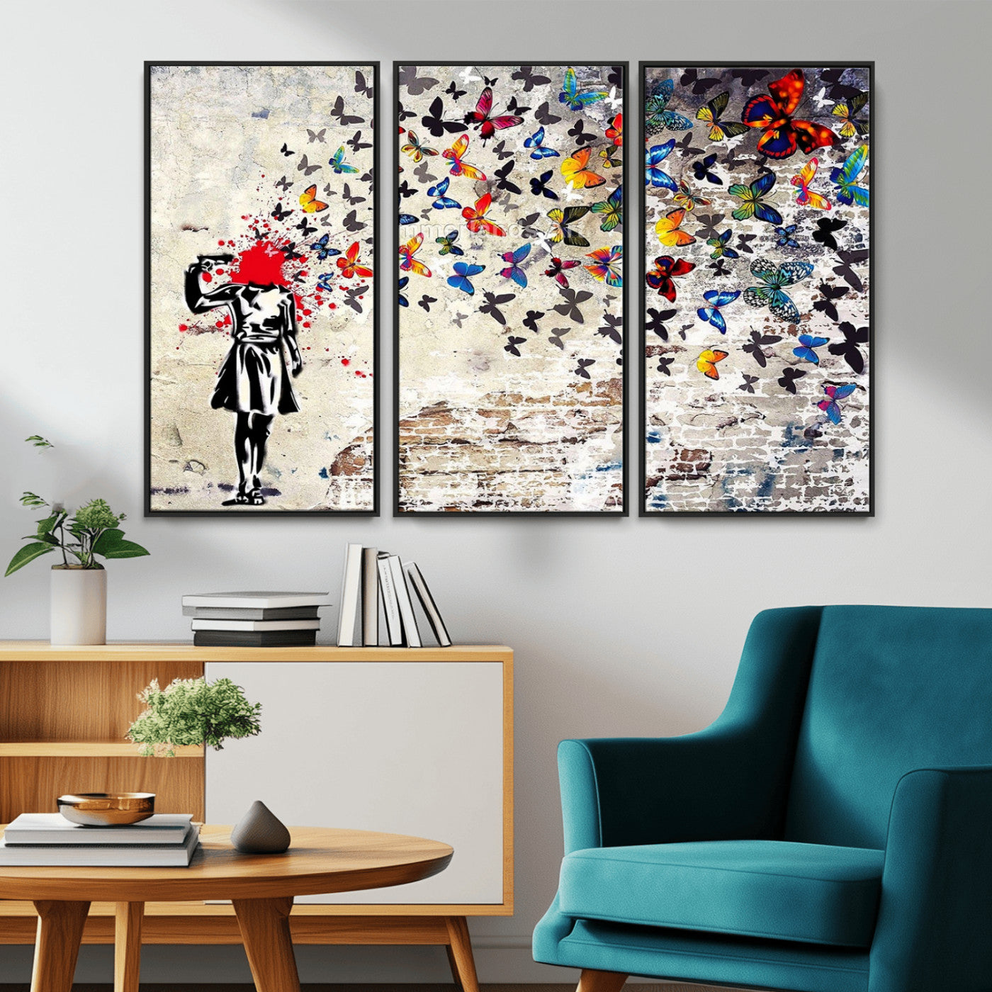MGV-FC-48X32-3P - Banksy Art Butterfly Girl Explosion Canvas Art – Vibrant Urban Graffiti for Modern Interiors - Ready to Hang