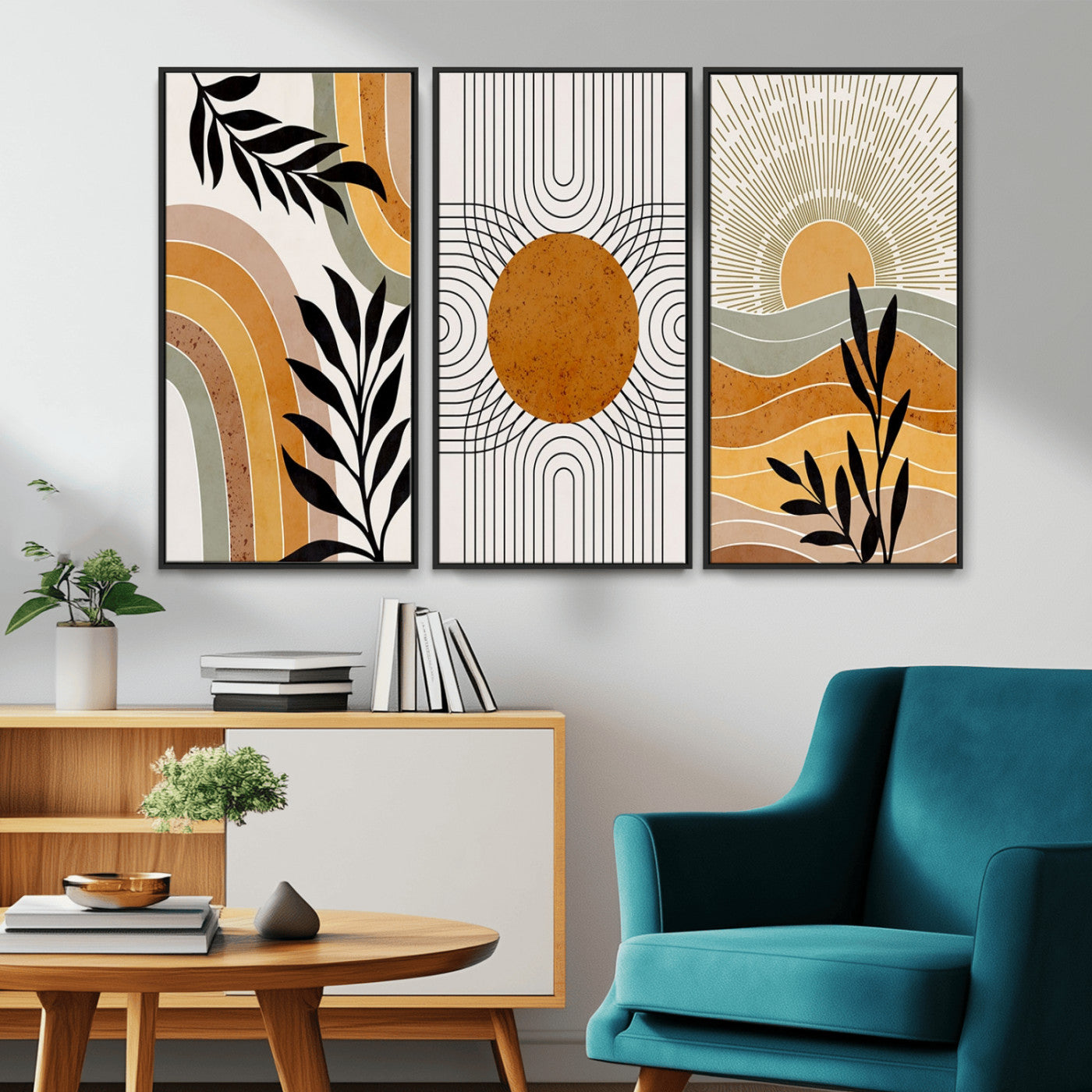 MGV-FC-48X32-3P - Modern Boho Sun and Leaf Abstract Art – 3-Panel Giclée Canvas for Mid-Century Modern or Bohemian