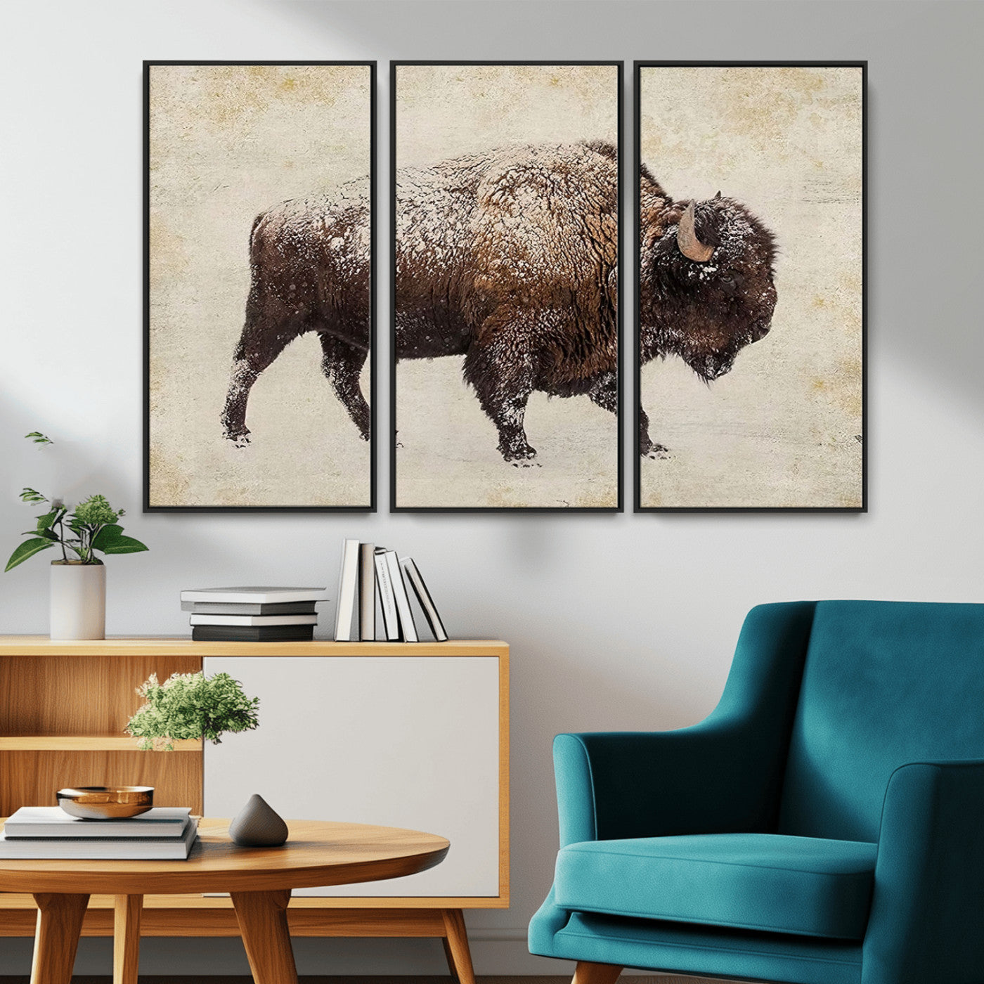 MGV-FC-48X32-3P - Buffalo Wall Art, Western Bison Canvas Print, Rustic Buffalo Art for Cowboy Western Decor, Large Multi-Panel Giclee Canvas for Farmhouse Wall Decor