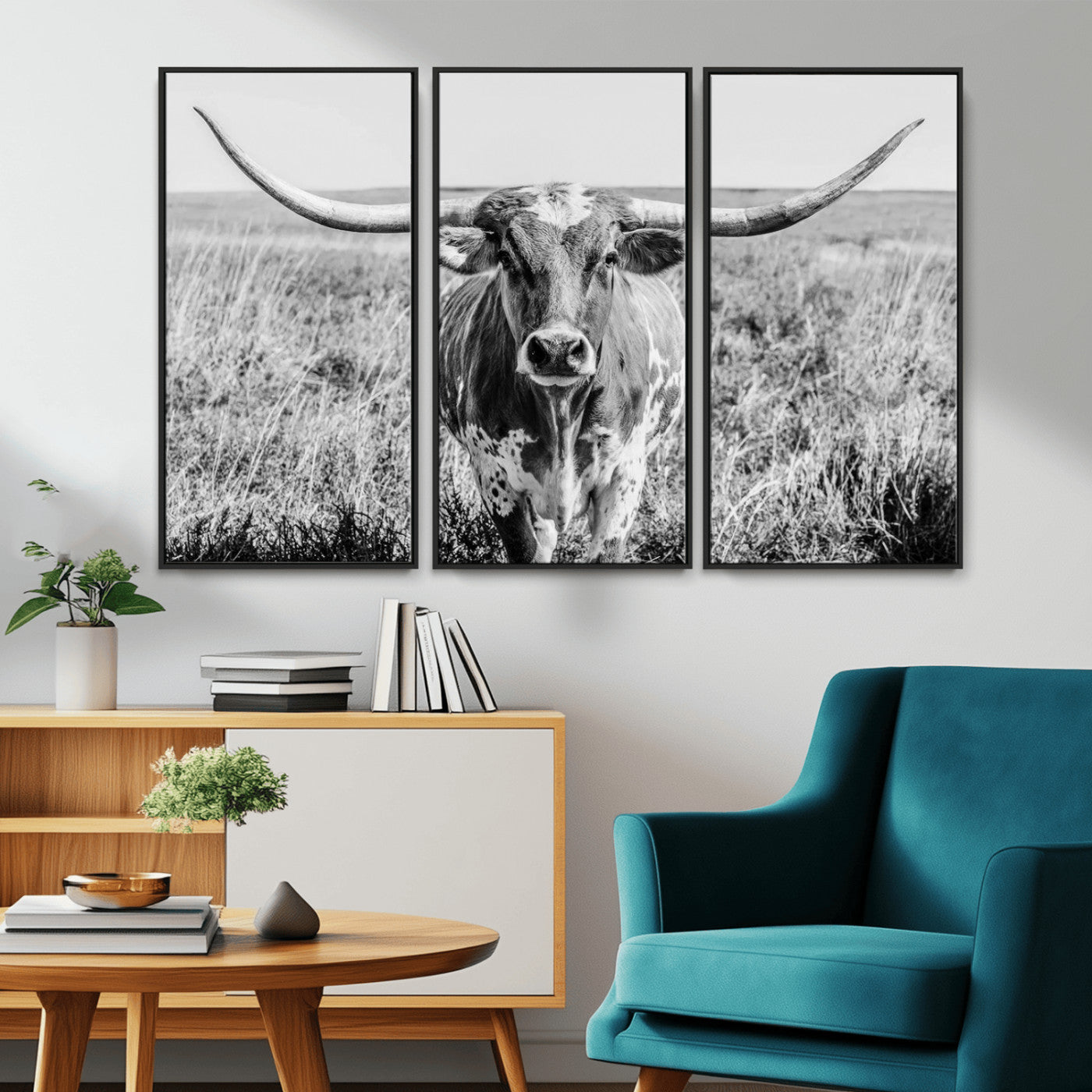 MGV-FC-48X32-3P - Texas Cow Longhorn Wall Art Canvas Print for Farm House Wall Decor, Farmhouse Wall Art Print