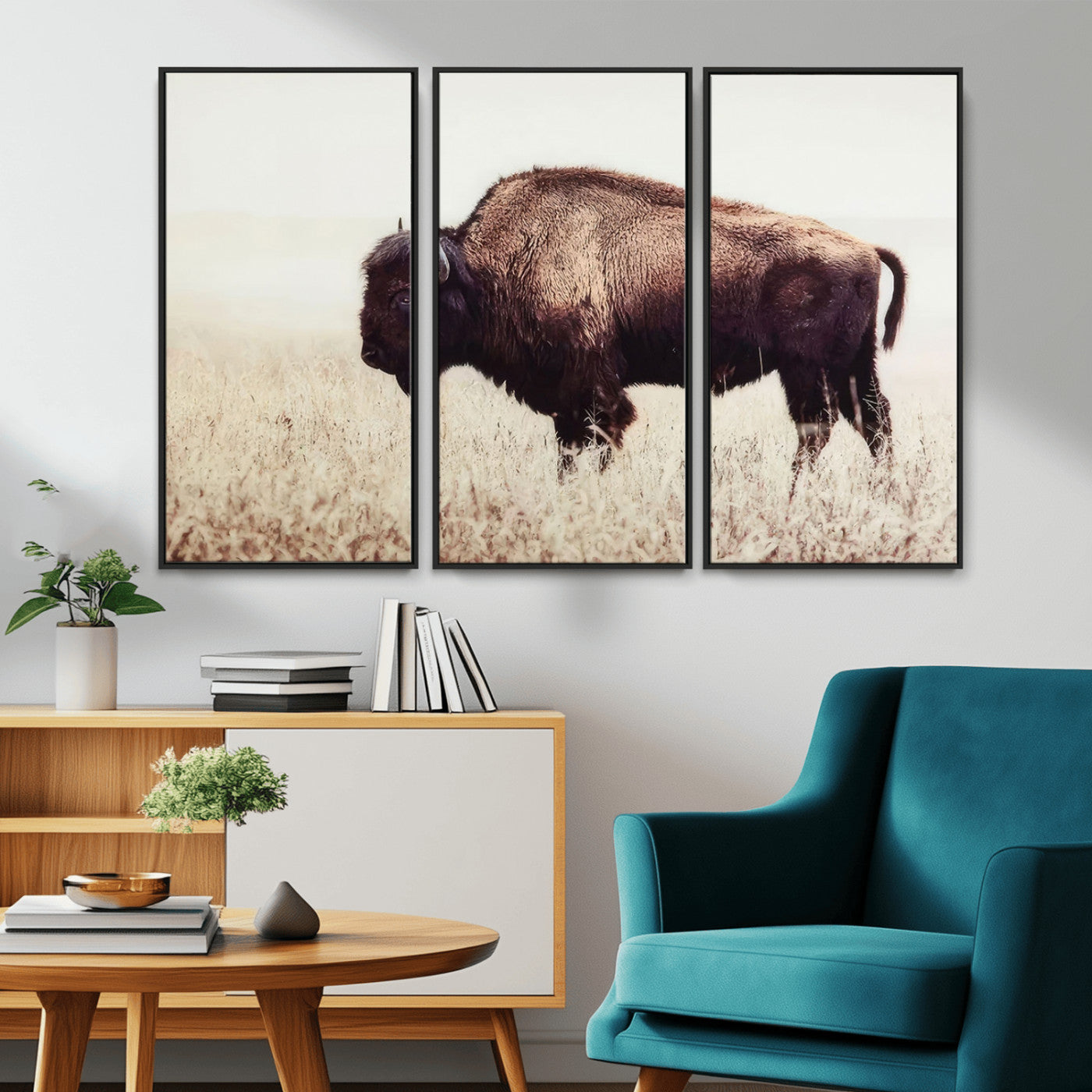 MGV-FC-48X32-3P - Bison in Field Wall Art Canvas Print For Farmhouse Barn Decor