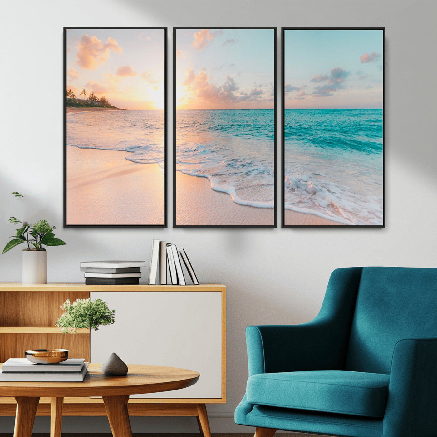 MGV-FC-48X32-3P - Beach Sunrise Wall Art, Coastal Seascape Canvas Print, Ocean Wave Multi-Panel Giclee, Coastal Sunset Beach Scene for Modern Decor