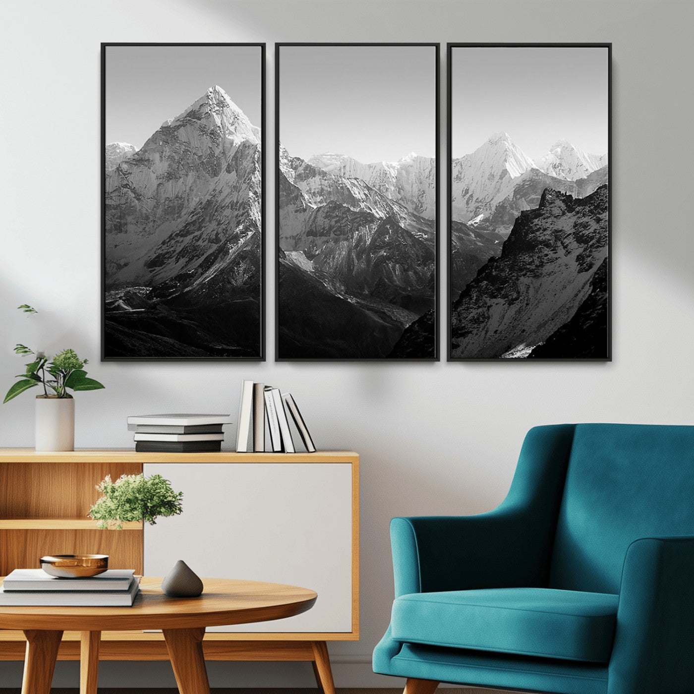 MGV-FC-48X32-3P - Everest Himalaya Mountain Peaks Black & White Triptych Canvas Art – Mountain Wall Decor for Minimalist Interiors