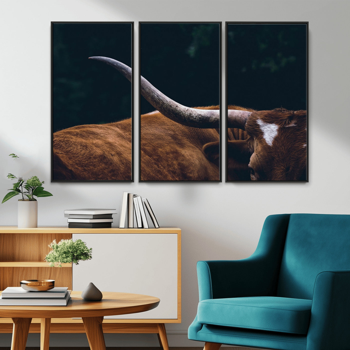 MGV-FC-48X32-3P - Texas Longhorn Bull Wall Art Canvas Print - Large Framed Canvas Wall Art, Animal Print for Rustic Home or Office Décor, Farmhouse Cabin Wall Decor