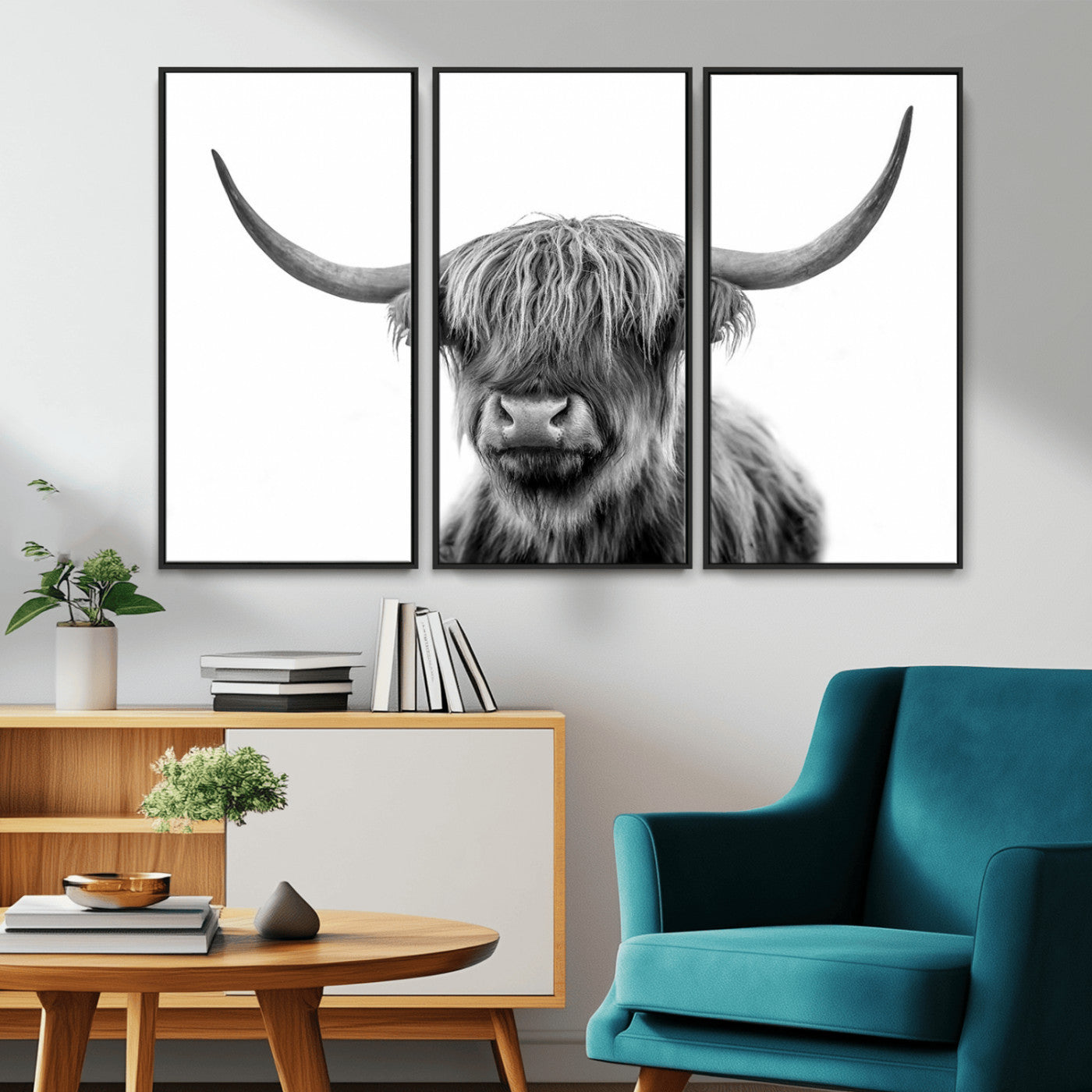 MGV-FC-48X32-3P - Grayscale Scottish Highland Cow Cattle Art Print Farmhouse Wall Art Canvas Print
