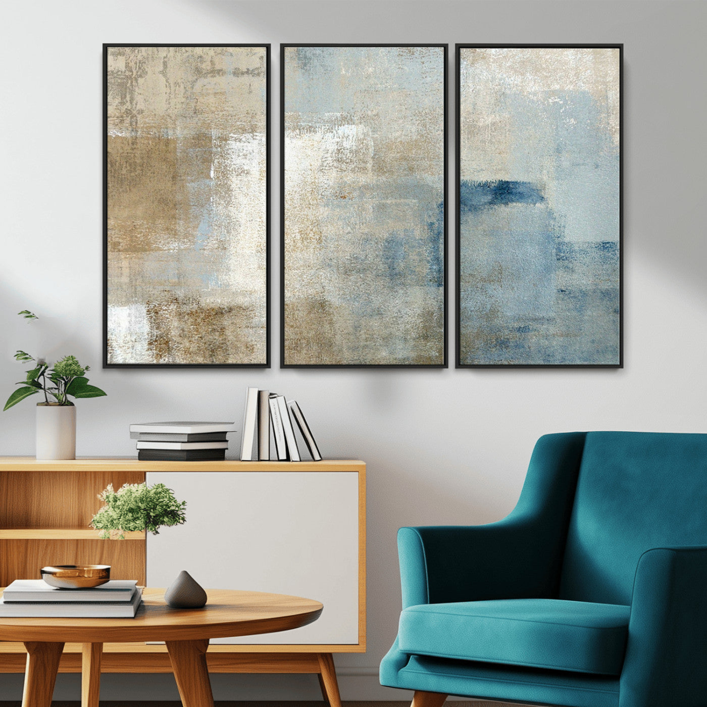 MGV-FC-48X32-3P - Abstract Blue and Beige Wall Art, Modern Minimalist Canvas Print Set, Giclee Textured Art, Large Multi-Panel Artwork for Living Room