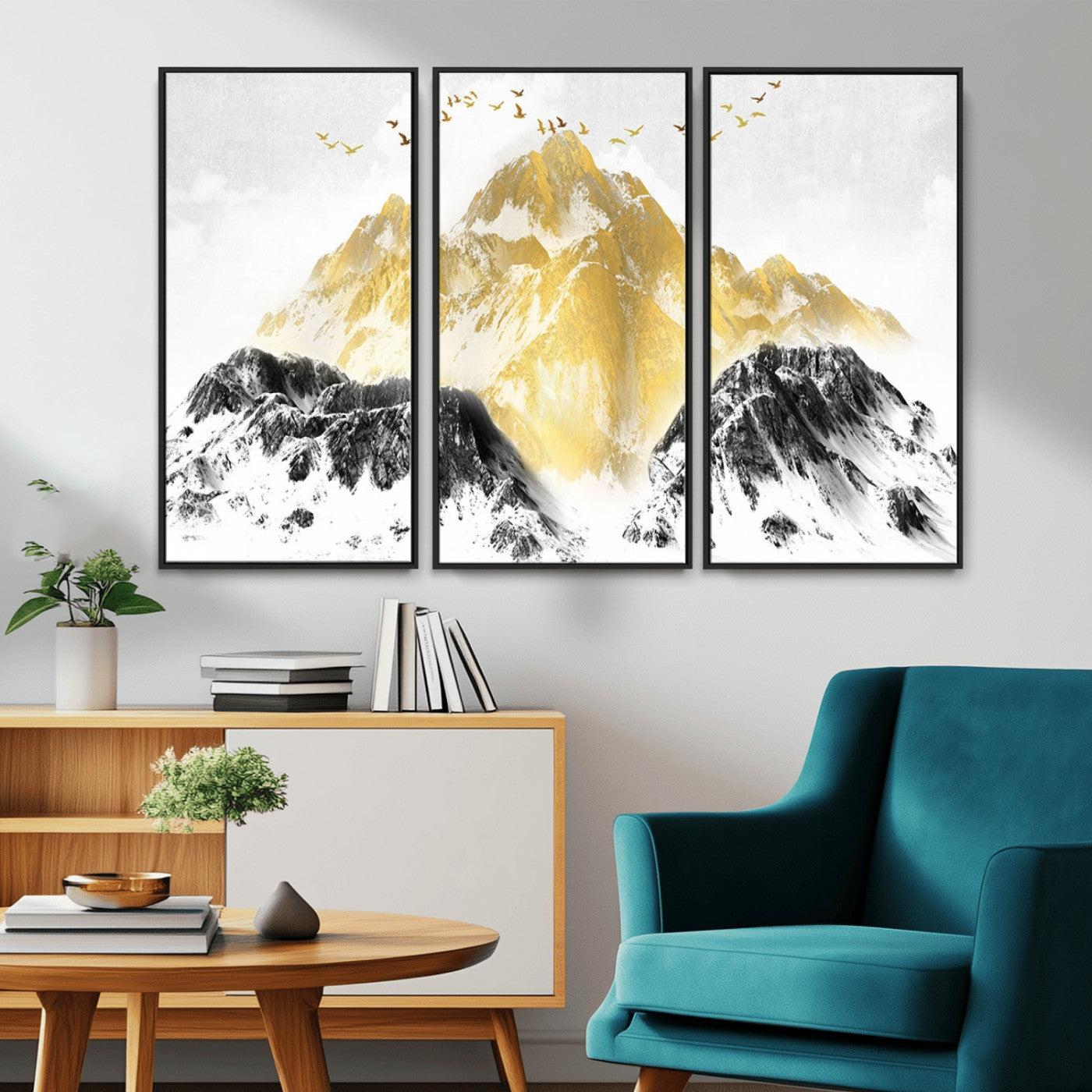 MGV-FC-48X32-3P - Golden Mountain Triptych Wall Art, Modern Giclee Canvas Print, Nature Landscape Decor for Living Room, Contemporary Gold and Black Wall Art