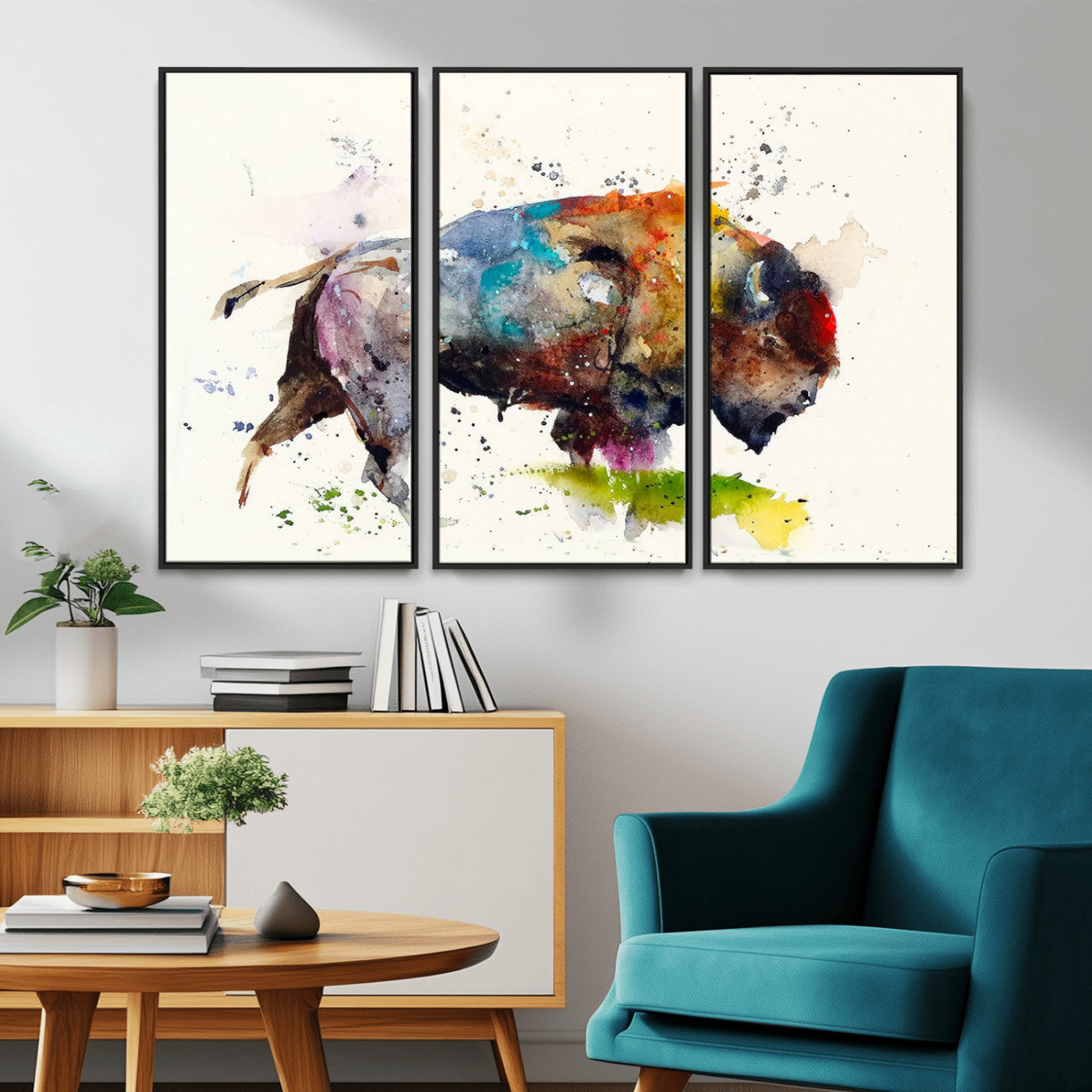 MGV-FC-48X32-3P - Abstract Buffalo Wall Art, Western Watercolor Bison Canvas Print, Rustic Buffalo Art for Cowboy and Western Decor, Large Multi-Panel Giclee Canvas