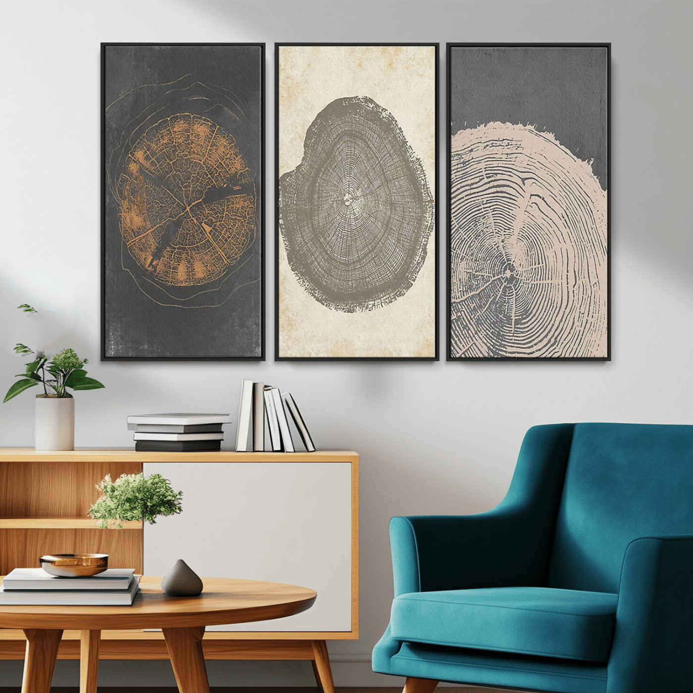 MGV-FC-48X32-3P - Boho Tree Ring Wall Art, Modern Minimalist Wood Grain Canvas, Tree Slice for Rustic Decor, Farmhouse Decor Giclee Canvas Print, Tree Ring Canvas Set
