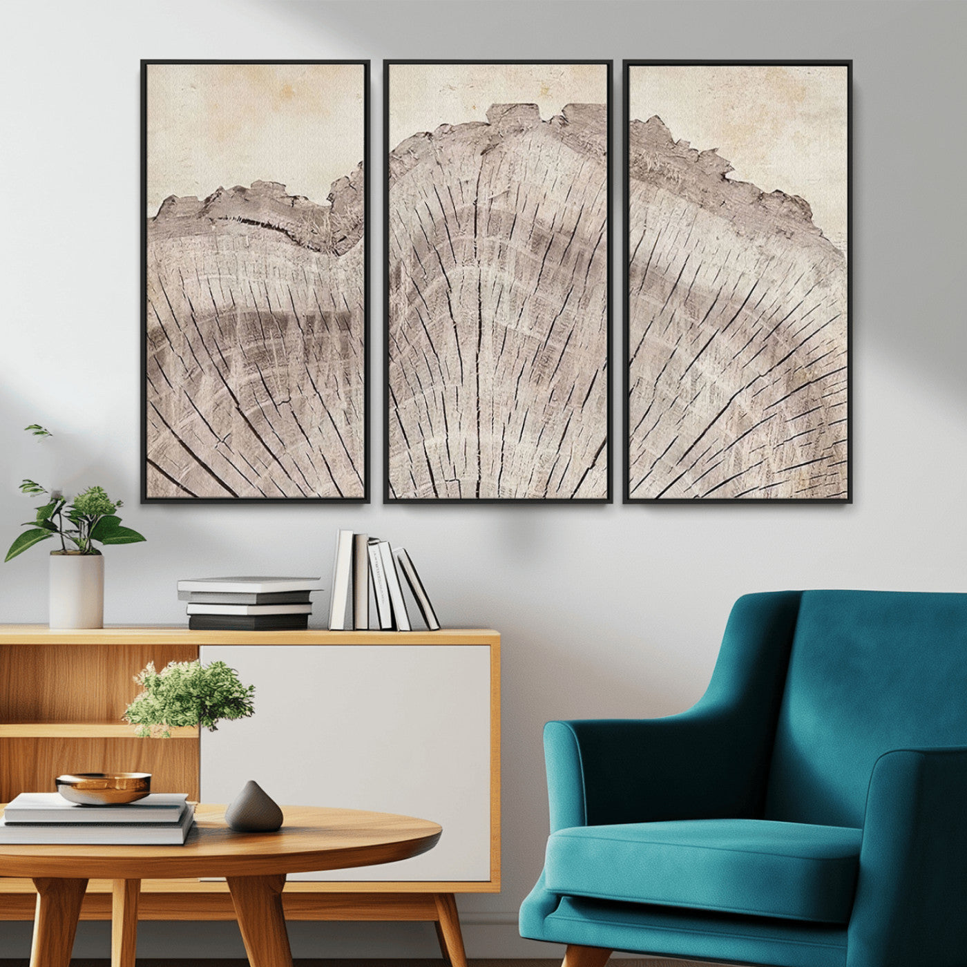 MGV-FC-48X32-3P - Tree Ring Wall Art Triptych, Rustic Wood Ring Canvas Print, Minimalist Wall Decor for Modern Homes and Farmhouse Decor