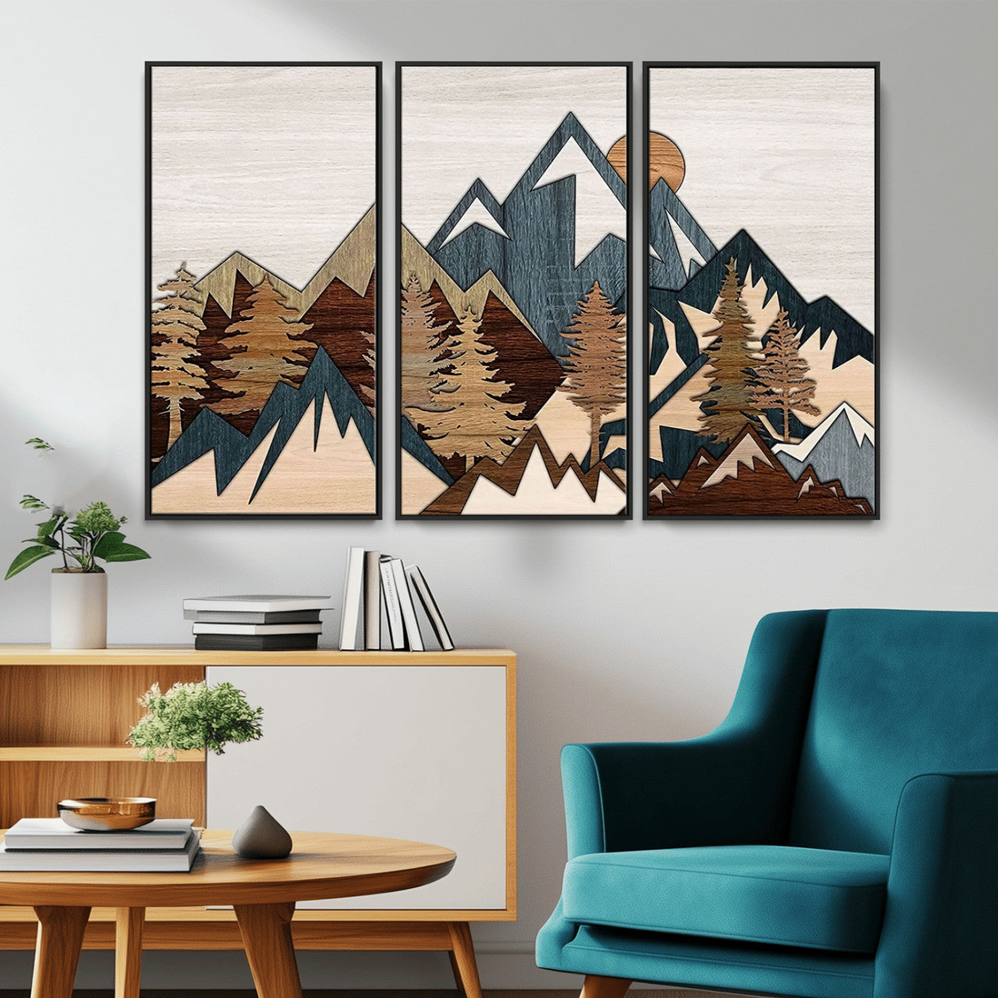 MGV-FC-48X32-3P - Rustic Abstract Wood Panel Effect Canvas Mountain Range Top Wood Wall Art Canvas Print