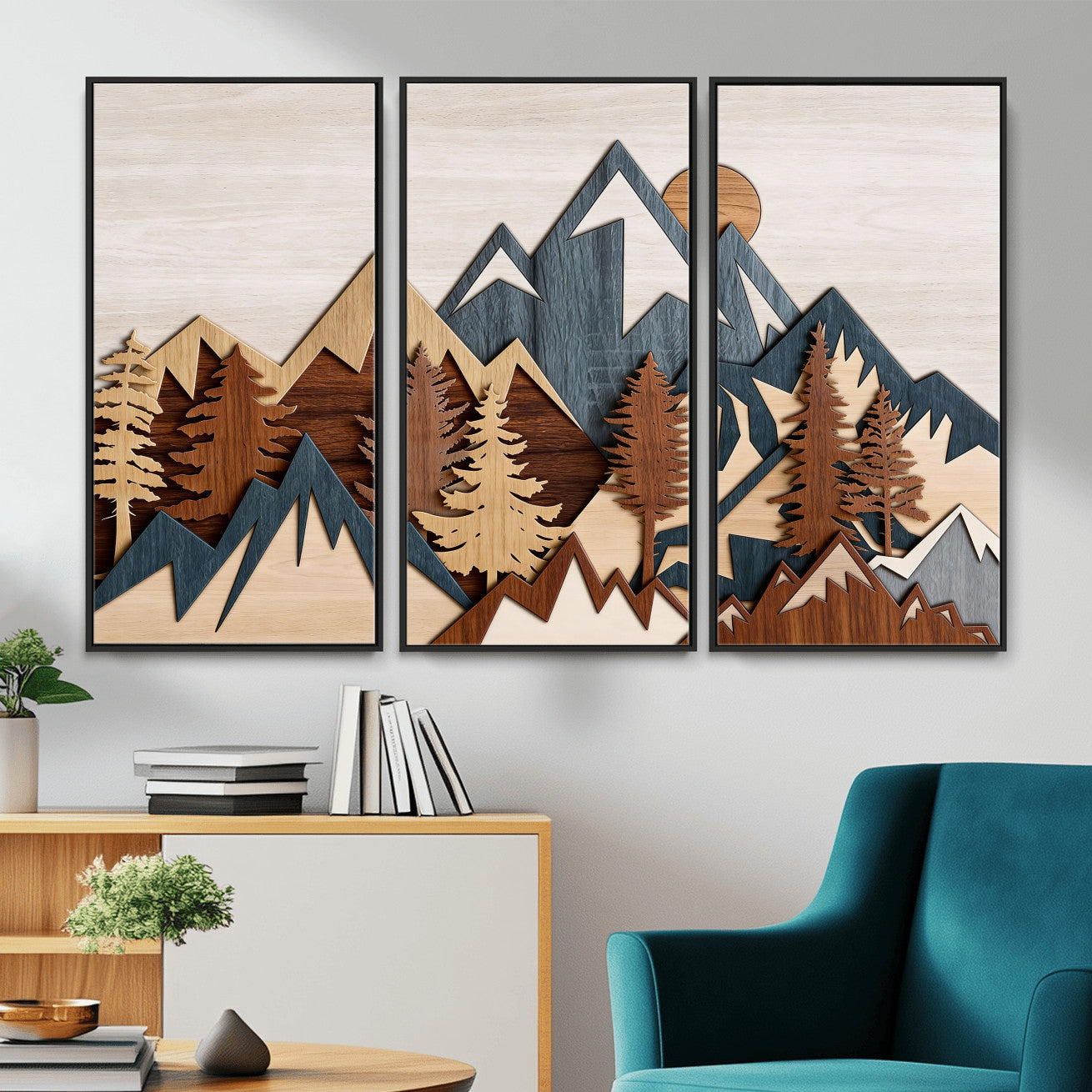 67950-MGV-CV-36X24 - Woodland Mountain Landscape Triptych, Giclee Canvas Art for Modern Home, Rustic Wooden Nature Wall