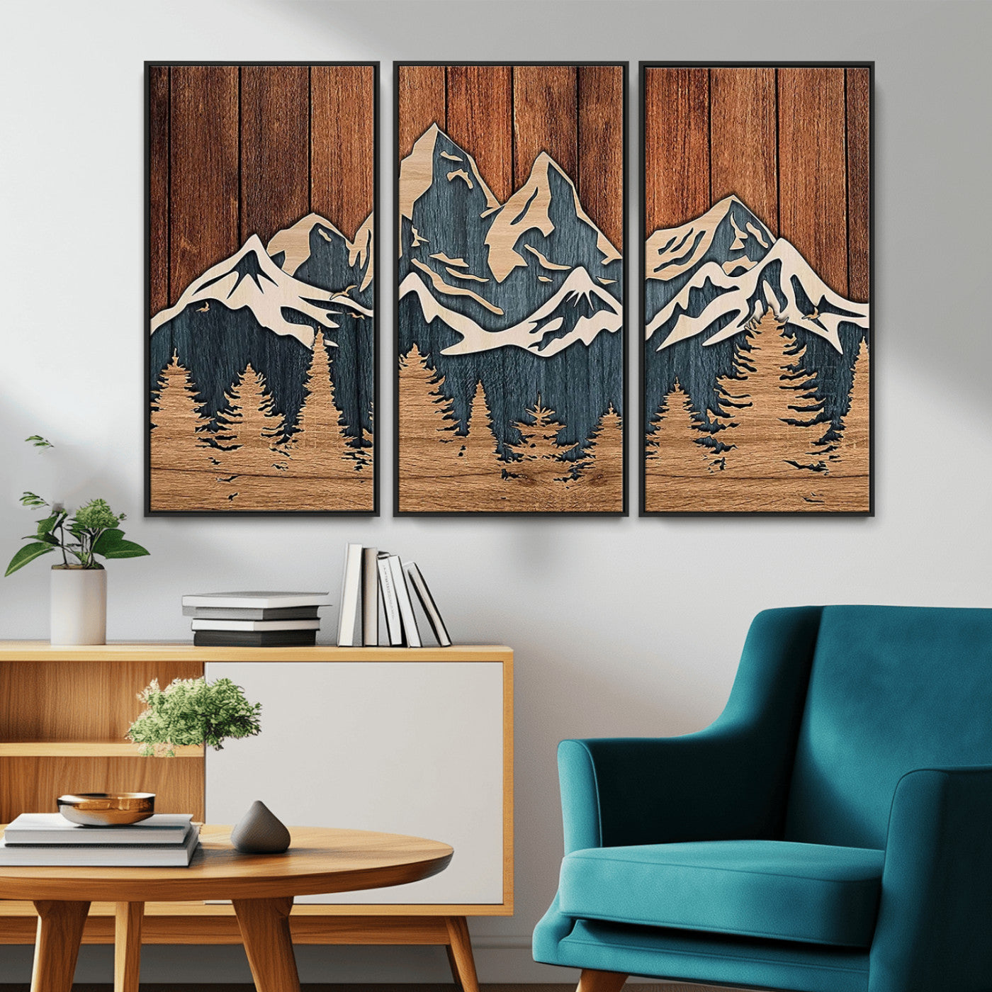 MGV-FC-48X32-3P - Rustic Wood Style Mountain Wall Art, Nature Forest Canvas Print, Wooden Textured Mountain Artwork, Handcrafted Landscape Decor for Farmhouse Decor