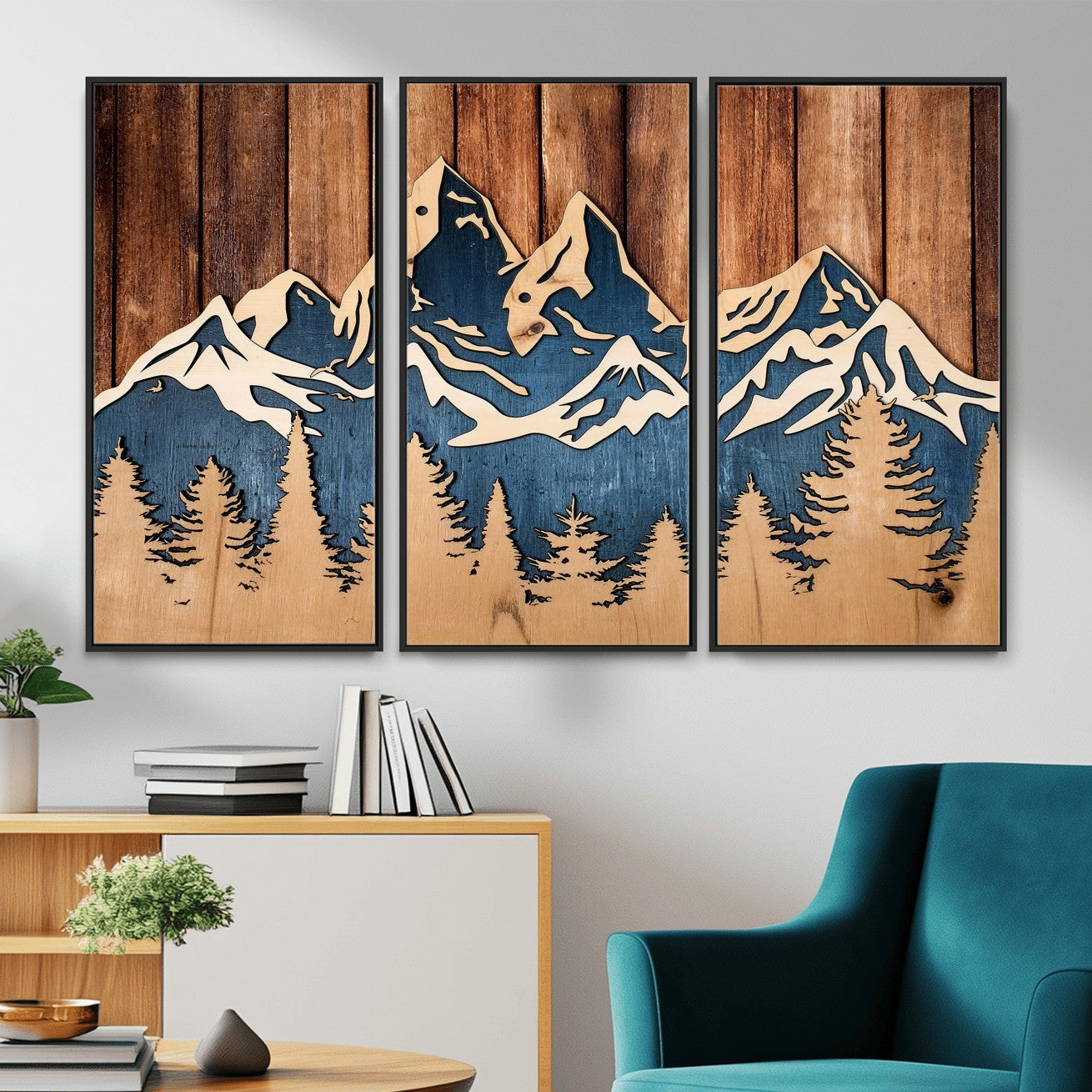 41330-MGV-CV-36X24 - Rustic Wood Style Mountain Wall Art, Nature Forest Canvas Print, Wooden Textured Mountain Artwork Print