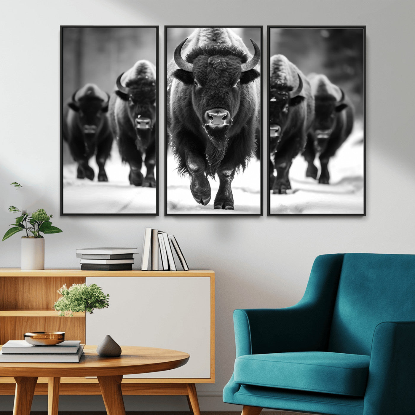 MGV-FC-48X32-3P - American Bison Art | Buffalo Herd Wall Art Canvas Print, BW American Bison Herd Wall Art Canvas Print