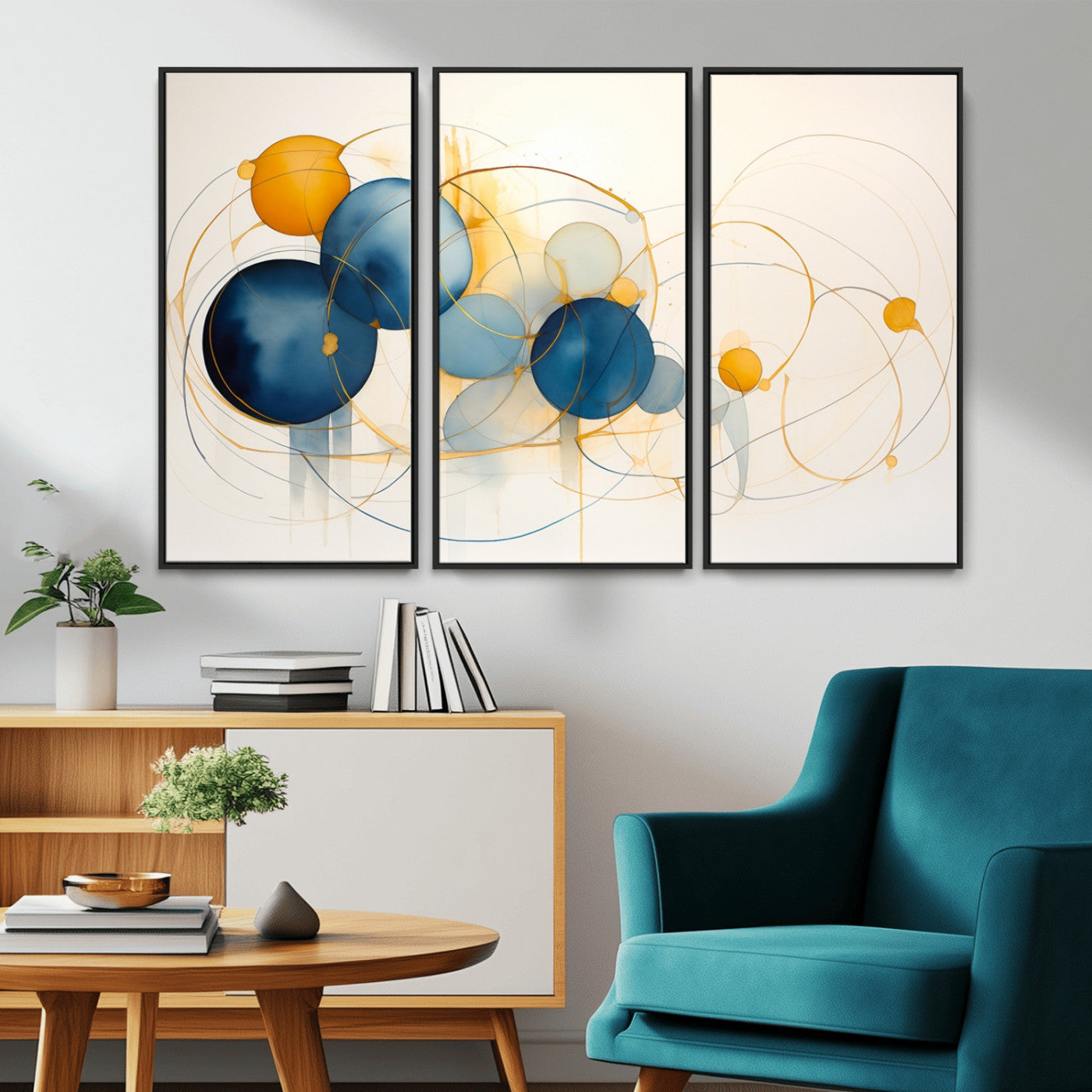 -Geometric Blue Orange Abstract Wall Art Canvas, Geometric Blue Orange Canvas Print