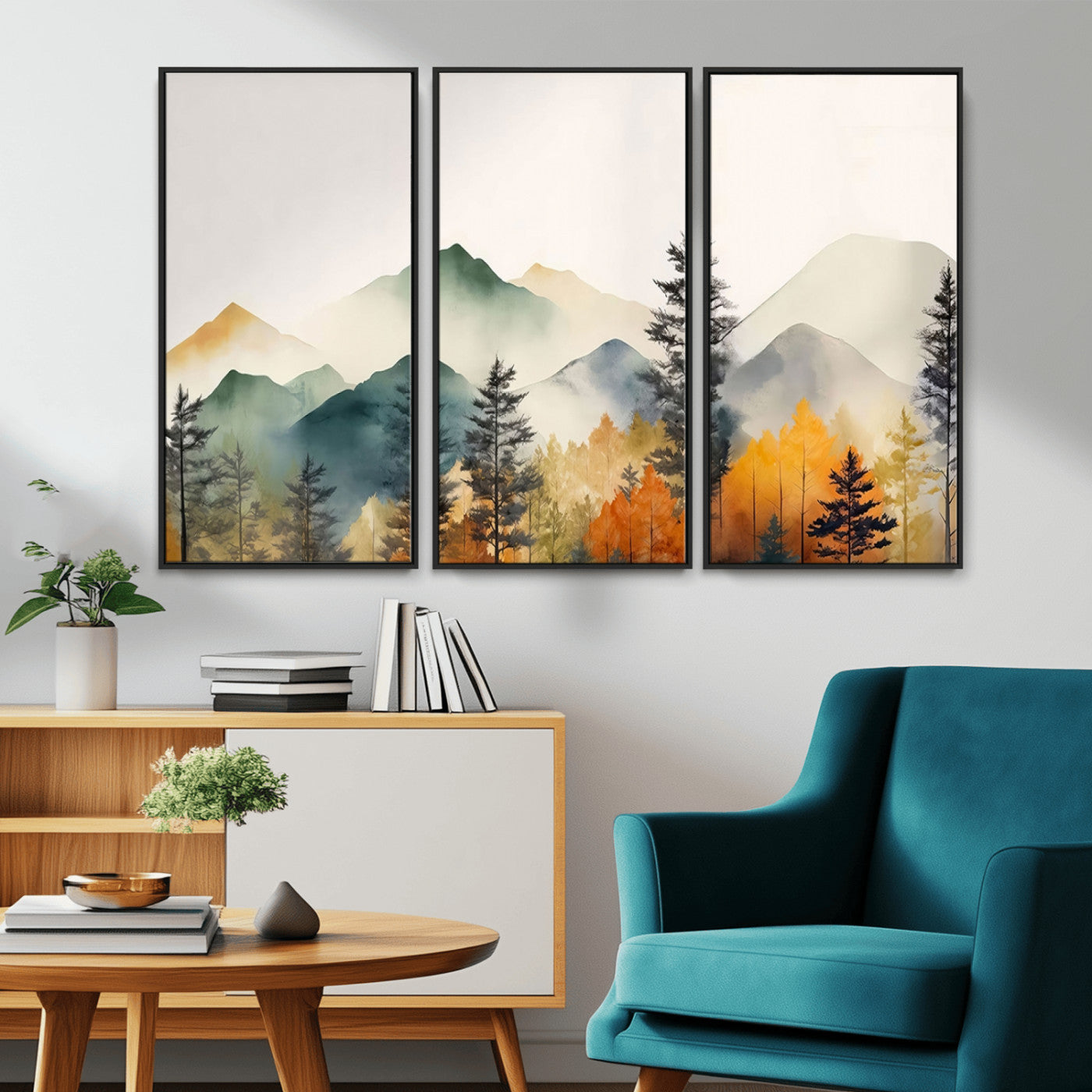 MGV-FC-48X32-3P - Abstract Watercolor Mountains and Trees Autumn Wall Art, Mountains and Trees Autumn Wall Art Canvas