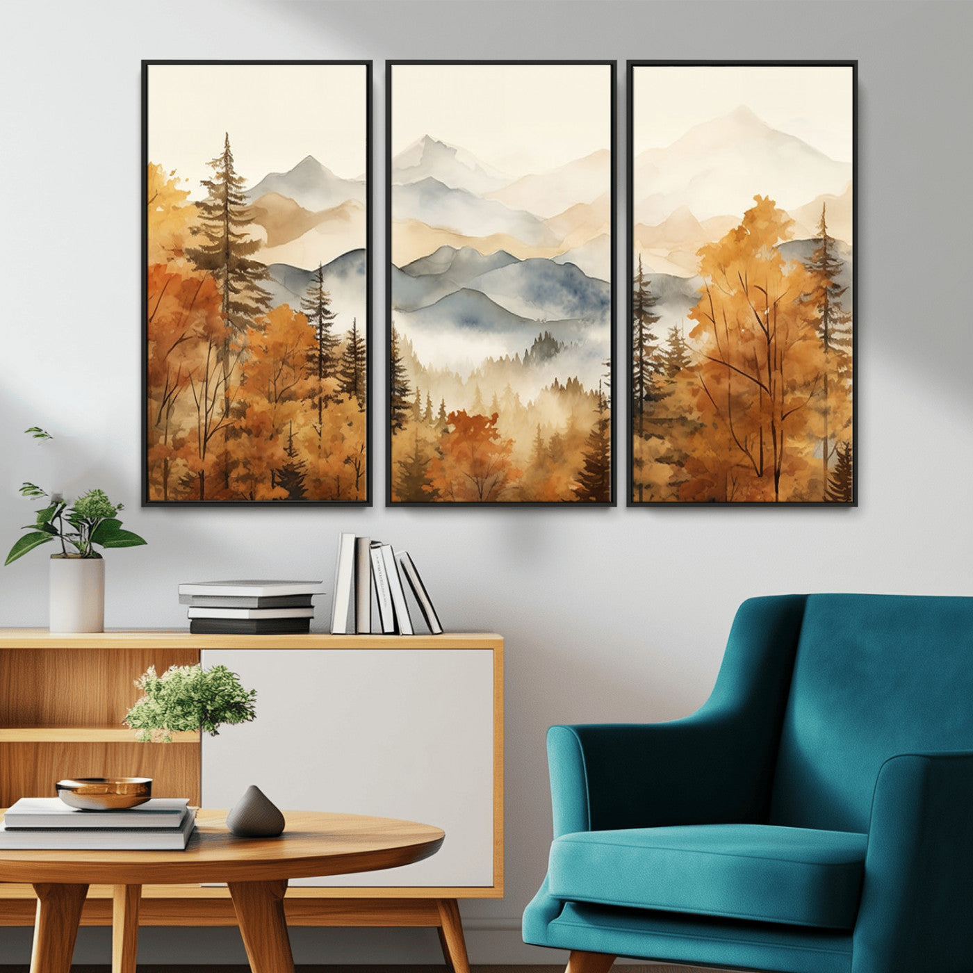 MGV-FC-48X32-3P - Golden Autumn Forest Wall Art | Mountain Landscape Canvas Print for Living Room or Bedroom | Large Wall Decor with Nature-Inspired Design