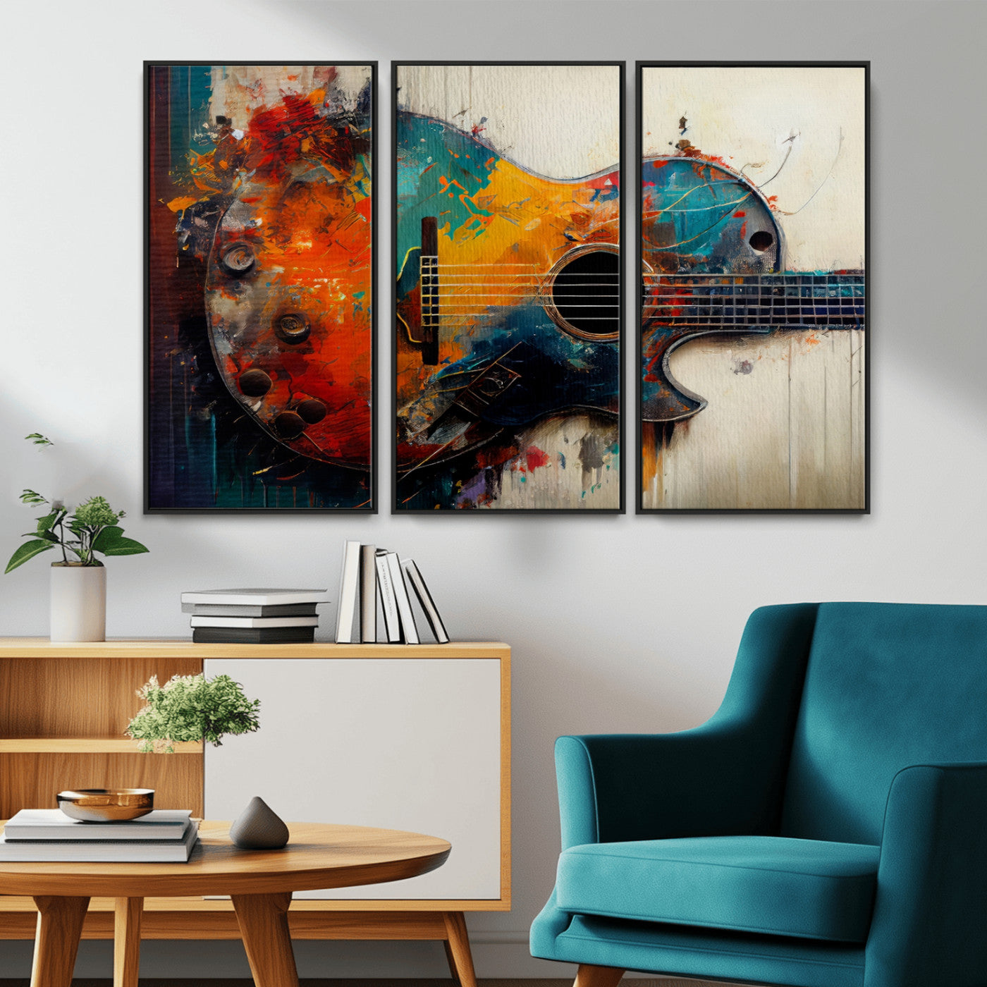 MGV-FC-48X32-3P - Abstract Guitar Wall Art Canvas | Vibrant Music-Inspired Art for Living Room or Studio | Colorful Music Decor Canvas Print