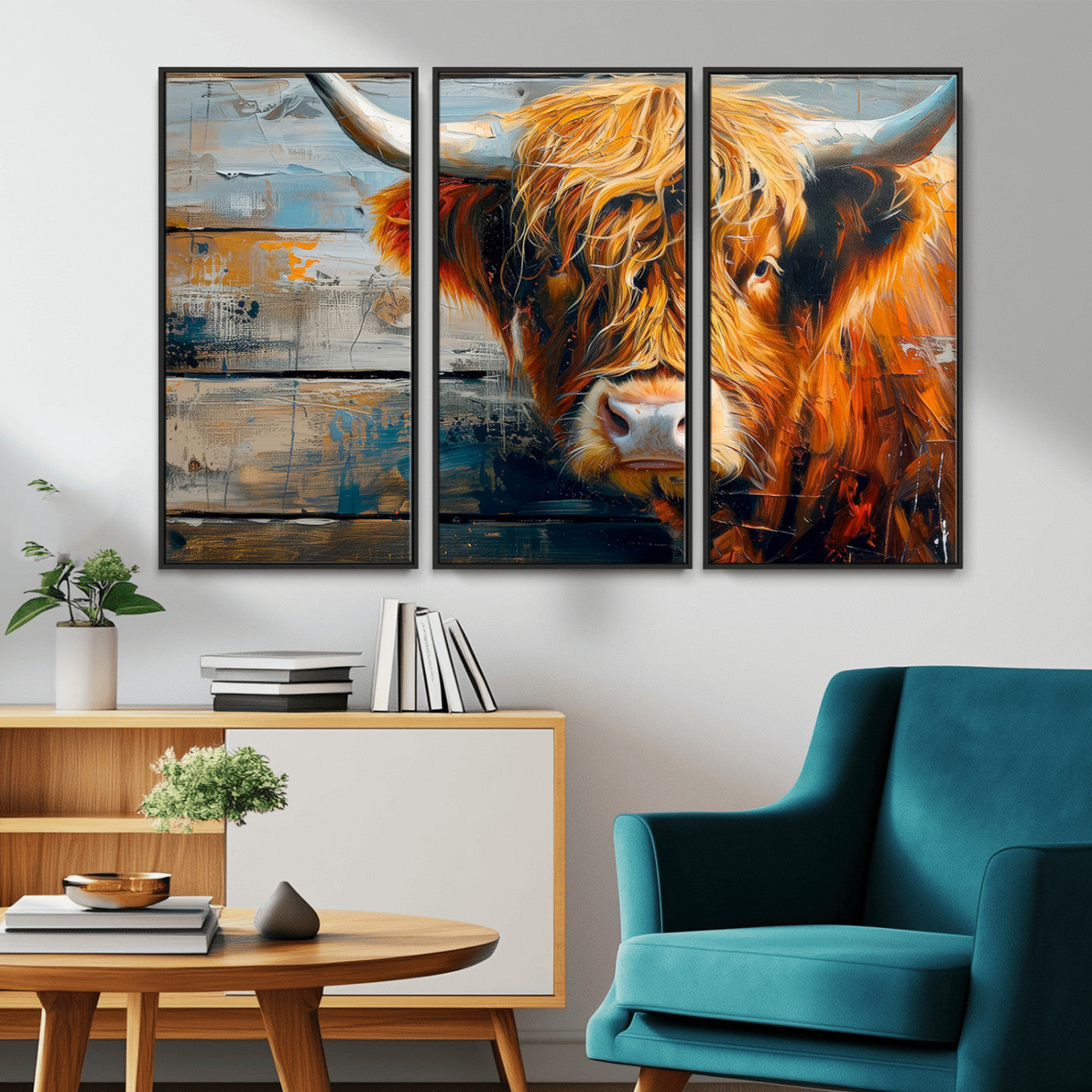 -Highland Cow Abstract Canvas Wall Art – Bold Farmhouse Rustic Decor – Ready to Hang