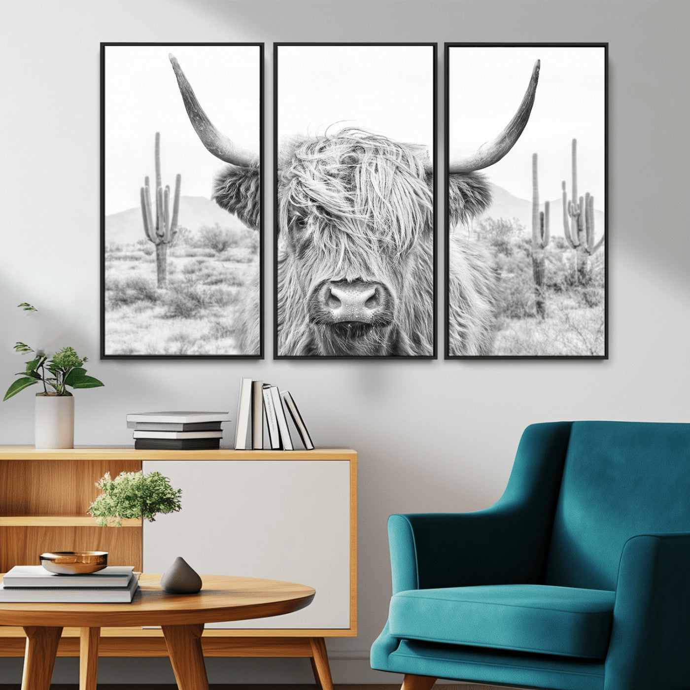 -Rustic Charm | Cow Longhorn Black White Bighorn Wall Art Canvas Print | Farmhouse Wall Art