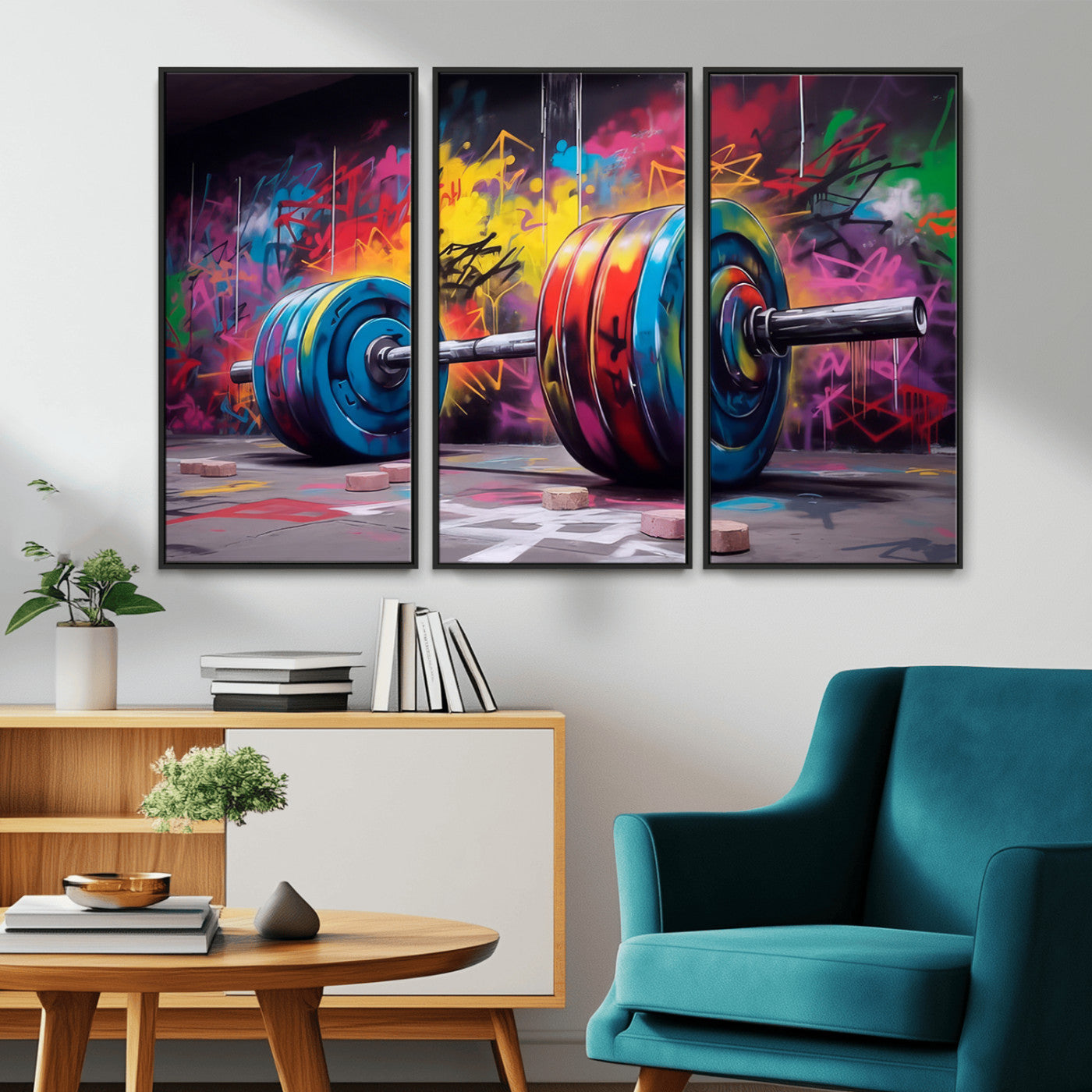 MGV-FC-48X32-3P - Abstract Graffiti Barbell Canvas Wall Art – Urban Fitness Meets Bold Street Art Print - Gym Wall Art Print
