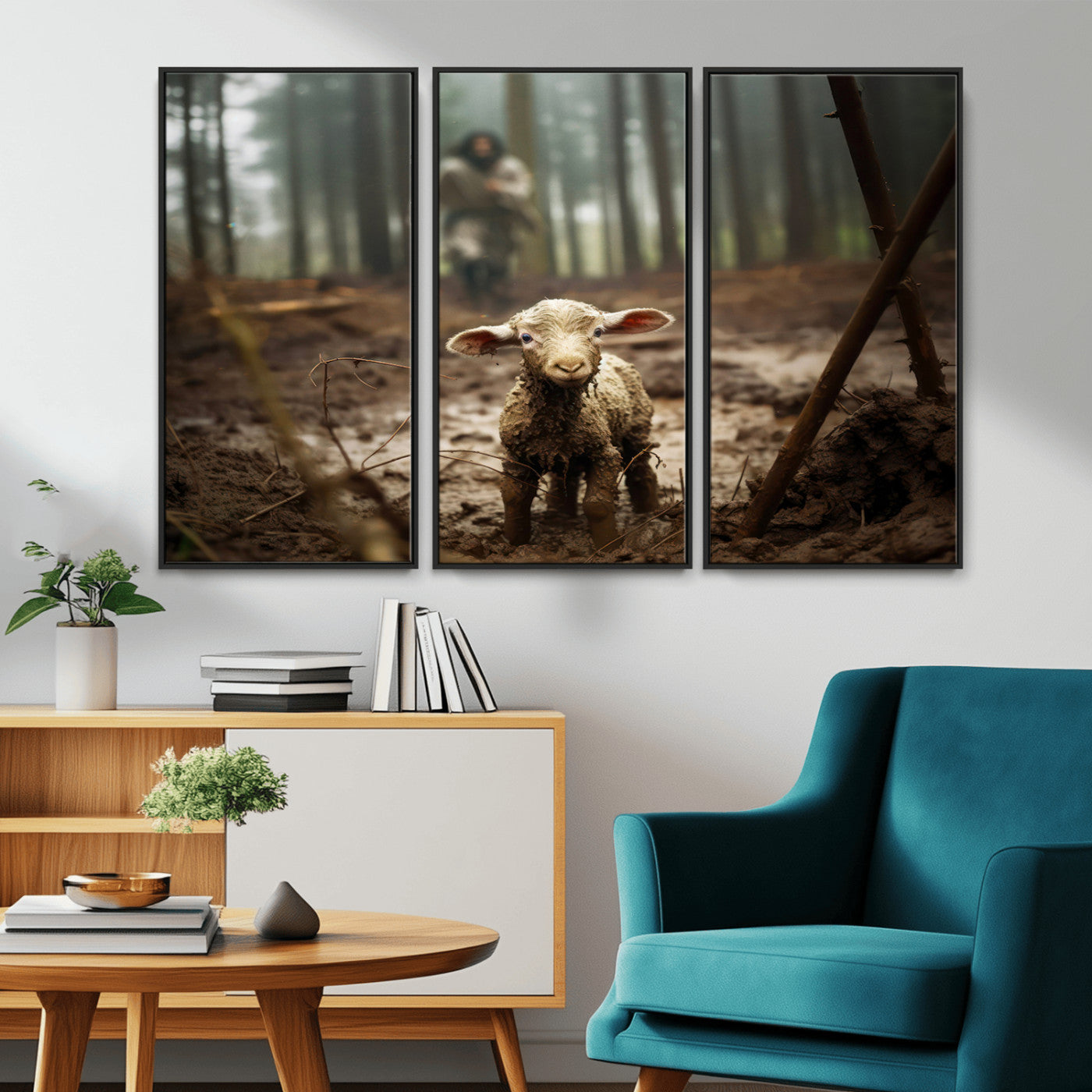 MGV-FC-48X32-3P - Jesus Lost Lamb Canvas Wall Art – Heartwarming Woodland Scene – Ready to Hang - Christian Religion Wall Art
