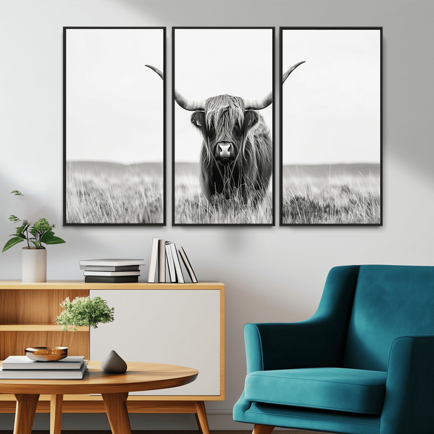 MGV-FC-48X32-3P - Highland Cow Canvas Wall Art – Majestic Beauty in Black and White – Ready to Hang