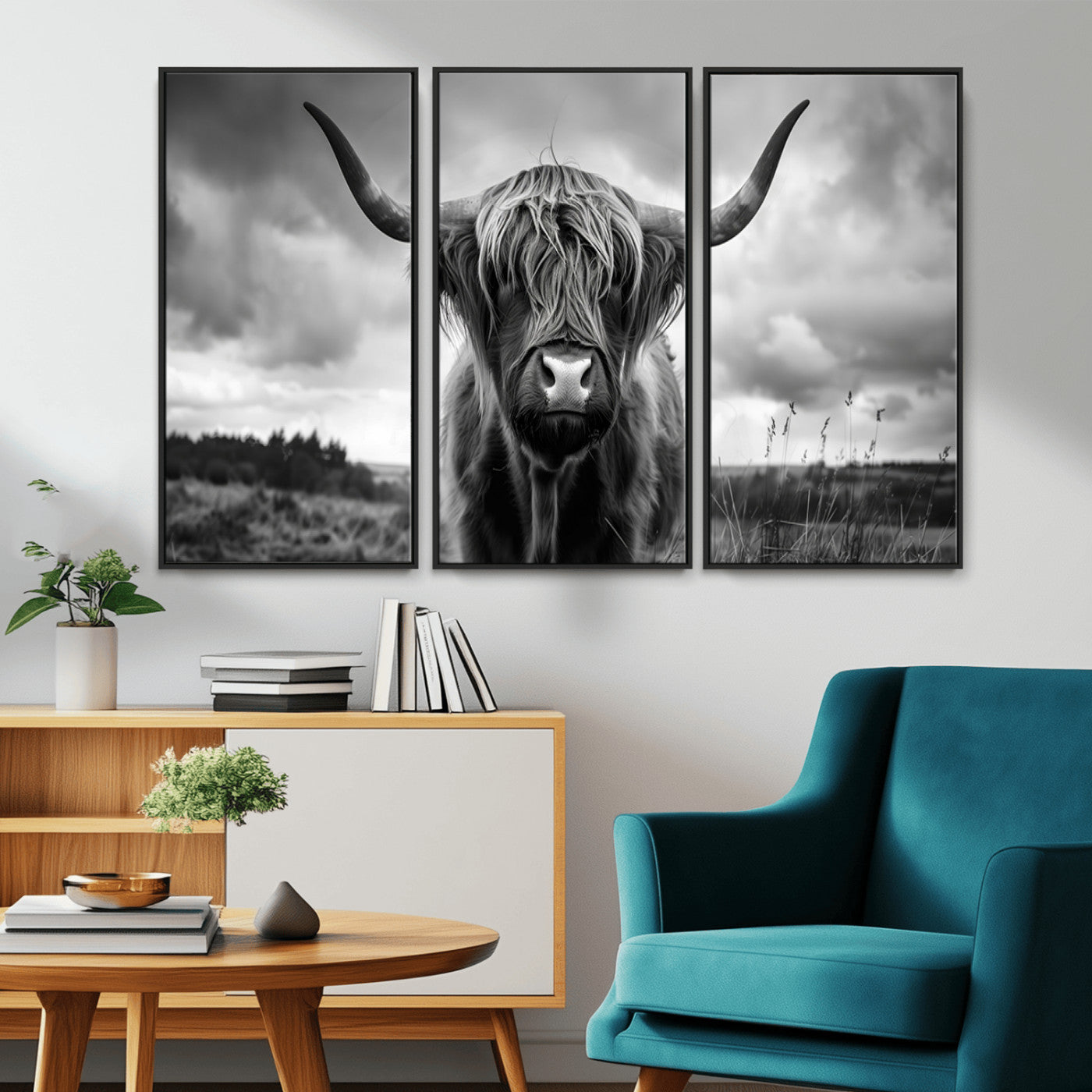 MGV-FC-48X32-3P - Scottish Cow Wall Art Canvas Print | Longhorn Wall Art | Bighorn Animal Wall Art