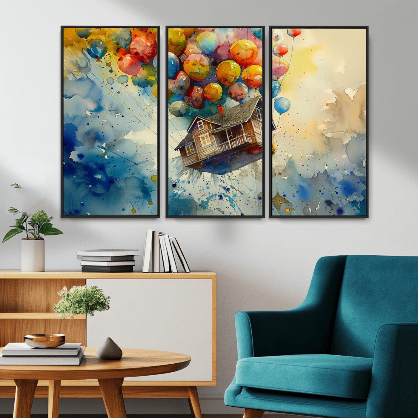 MGV-FC-48X32-3P - UP-Inspired Floating House with Balloons Canvas Art – Colorful 3-Panel Wall Decor for Living Room,