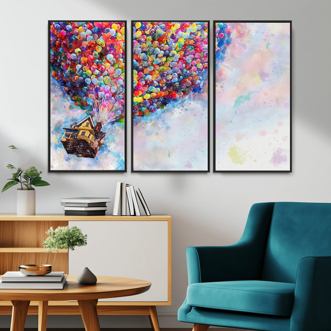MGV-FC-48X32-3P - Don't Look Up Movie Canvas Wall Art - Vibrant Floating House and Balloons Scene, Tribute to Iconic