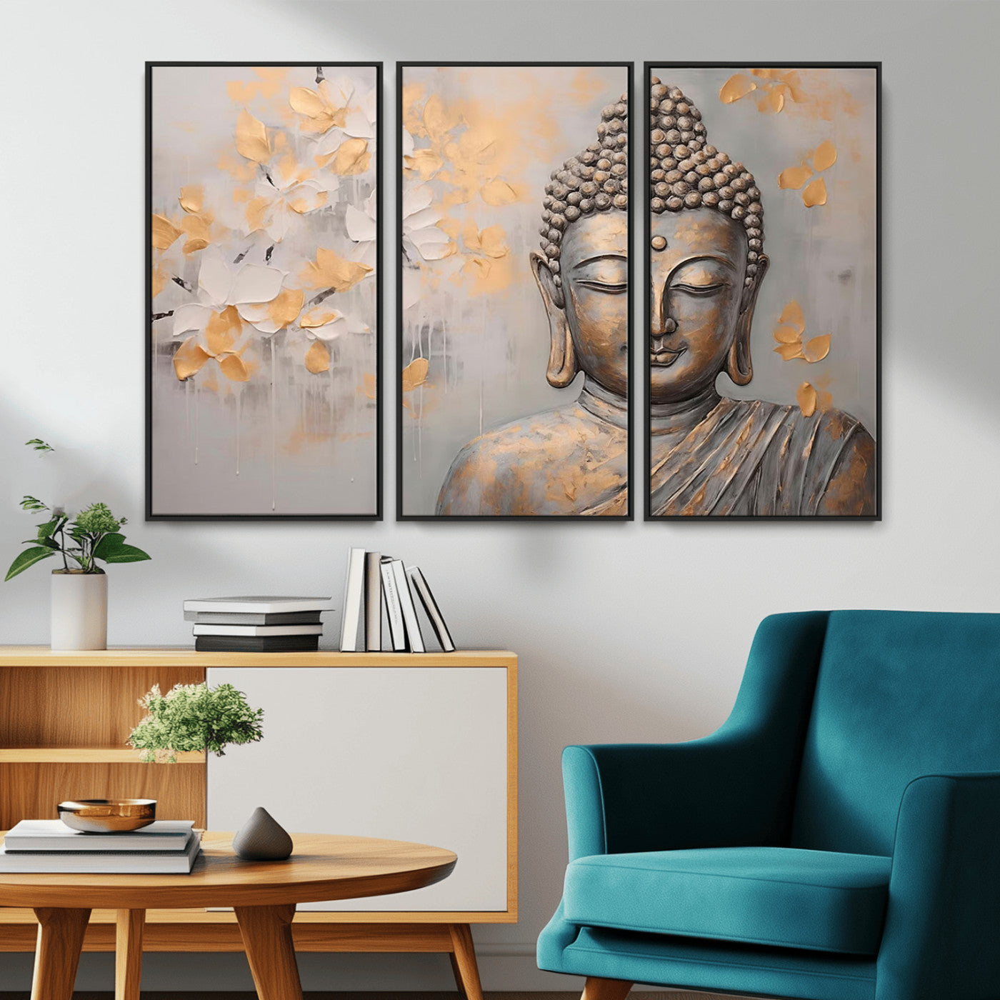MGV-FC-48X32-3P - Abstract Buddha Statue Wall Art Canvas Print - Modern Meditation Decor for Living Room, Office, Yoga Studio Decor
