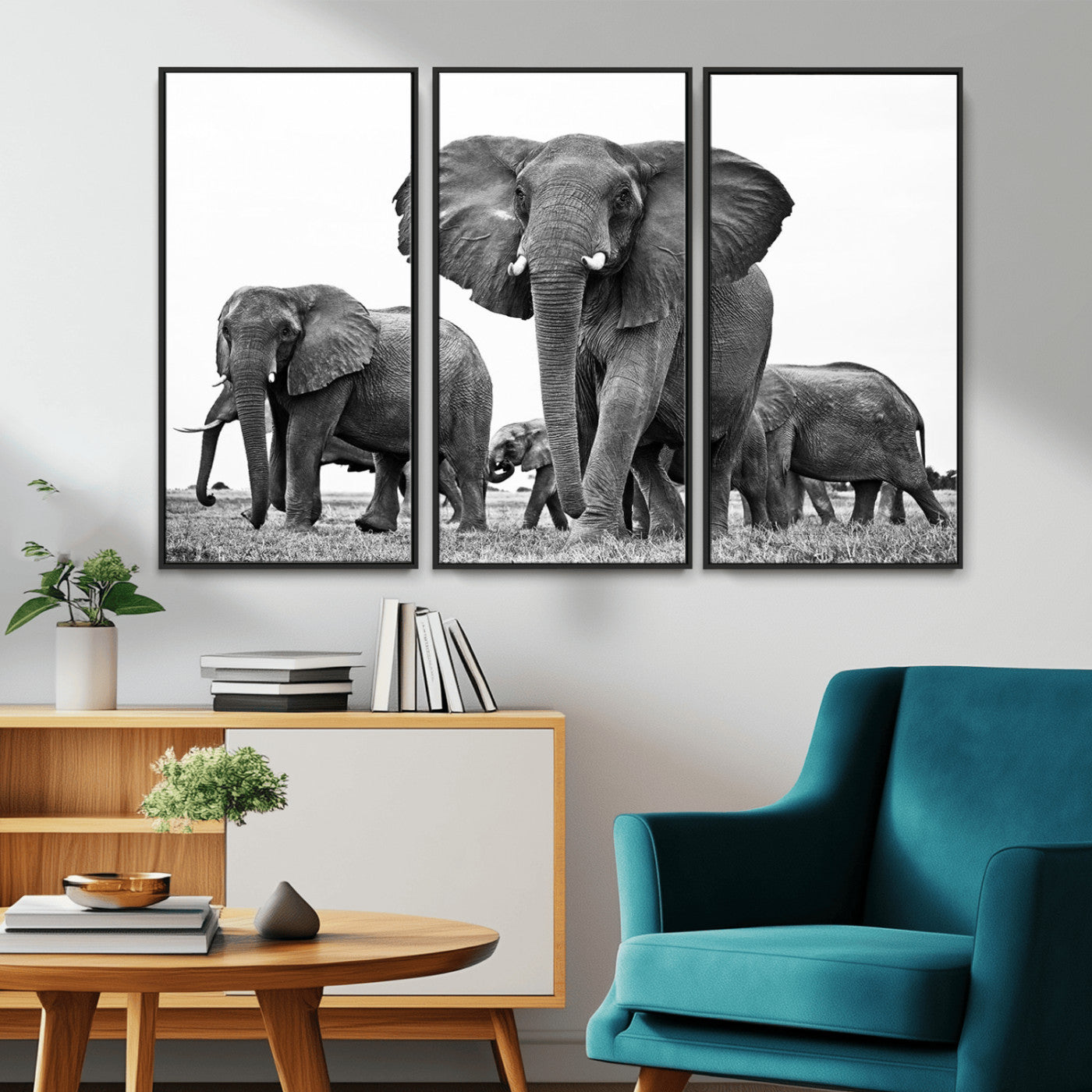 MGV-FC-48X32-3P - Black White Elephant Family Wall Art Canvas Print