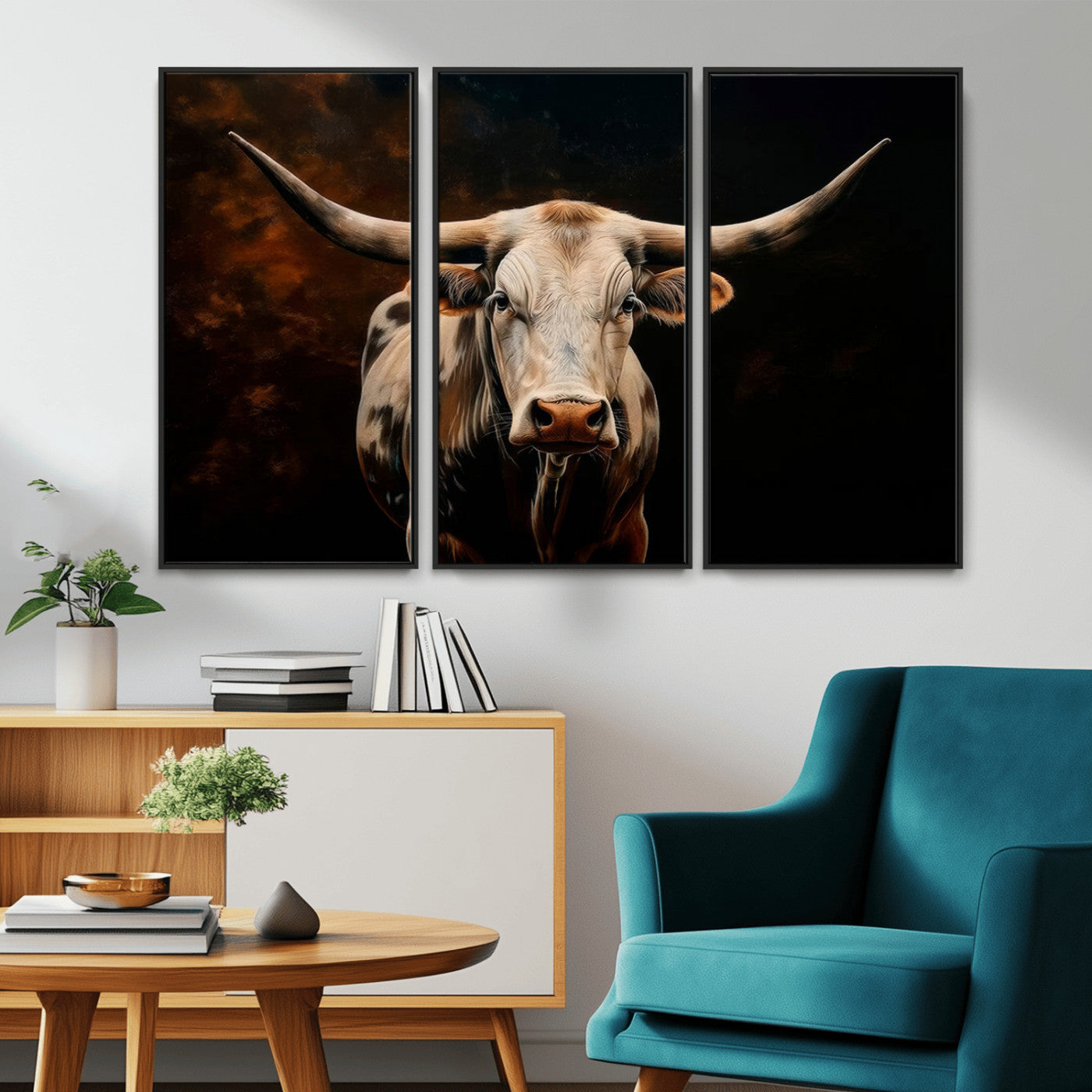 MGV-FC-48X32-3P - Texas Longhorn Wall Art | 3-Panel Large Texas Longhorn Canvas Print for Living Room, Office, or Farmhouse Decor | Framed Giclee Longhorn Wall Art