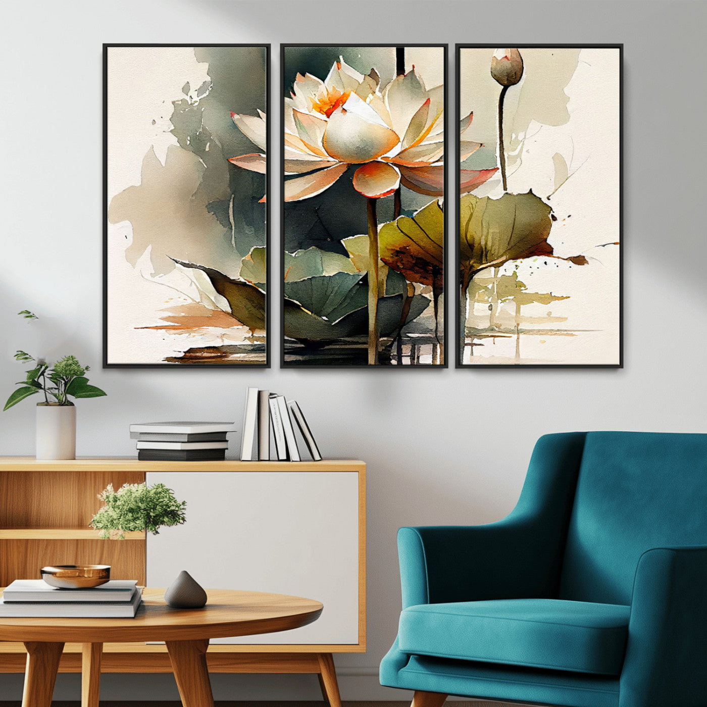 MGV-FC-48X32-3P - Lotus Flower Watercolor Canvas Print – A Symbol of Serenity and Growth, Captured in Soft Watercolors – Contemporary Wall Art for Tranquil Spaces