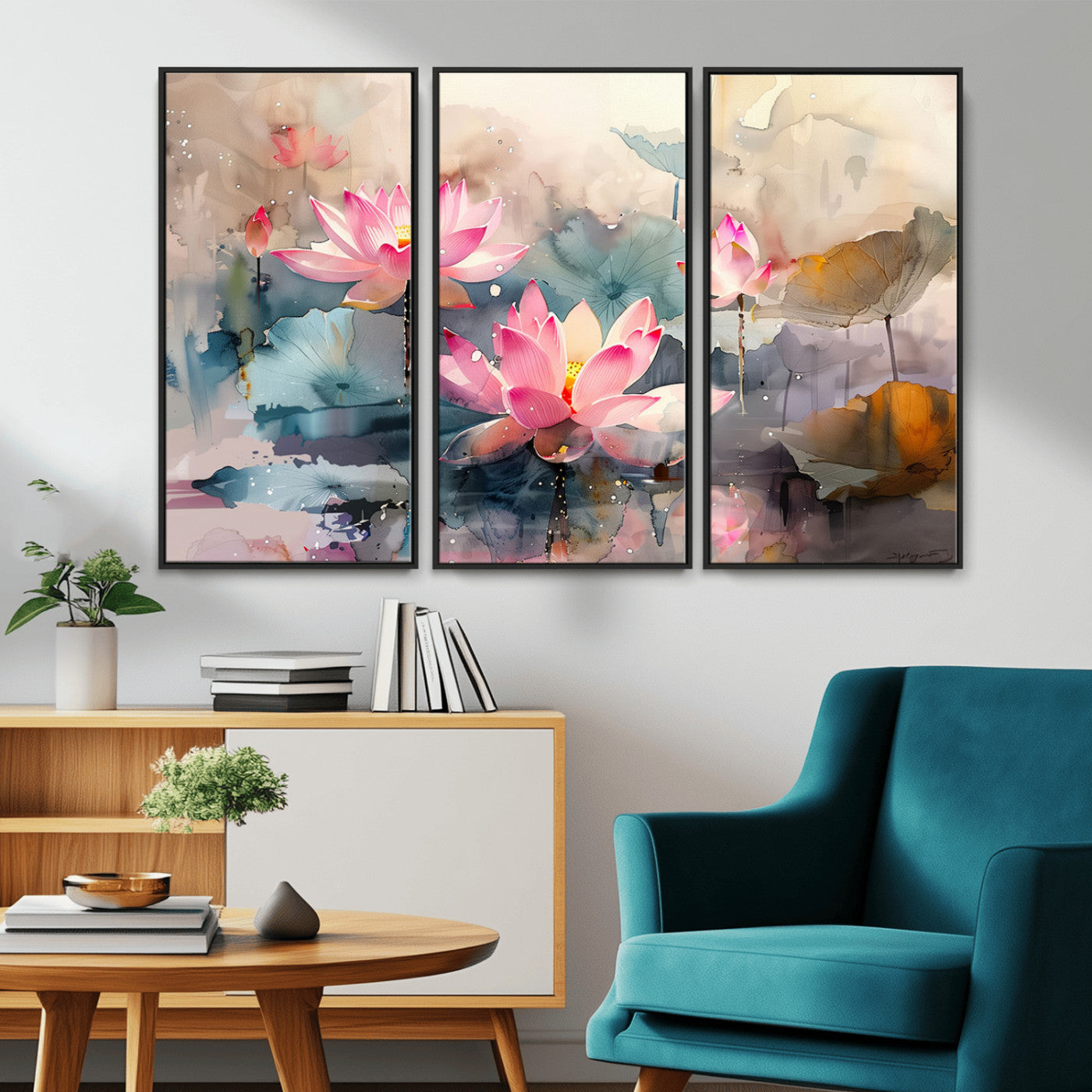 MGV-FC-48X32-3P - Lotus Flower Wall Art | 3-Panel Giclee Canvas Print of Pink Lotus Blossoms for Living Room, Bedroom, Office | Framed Lotus Floral Wall Art Decor Print