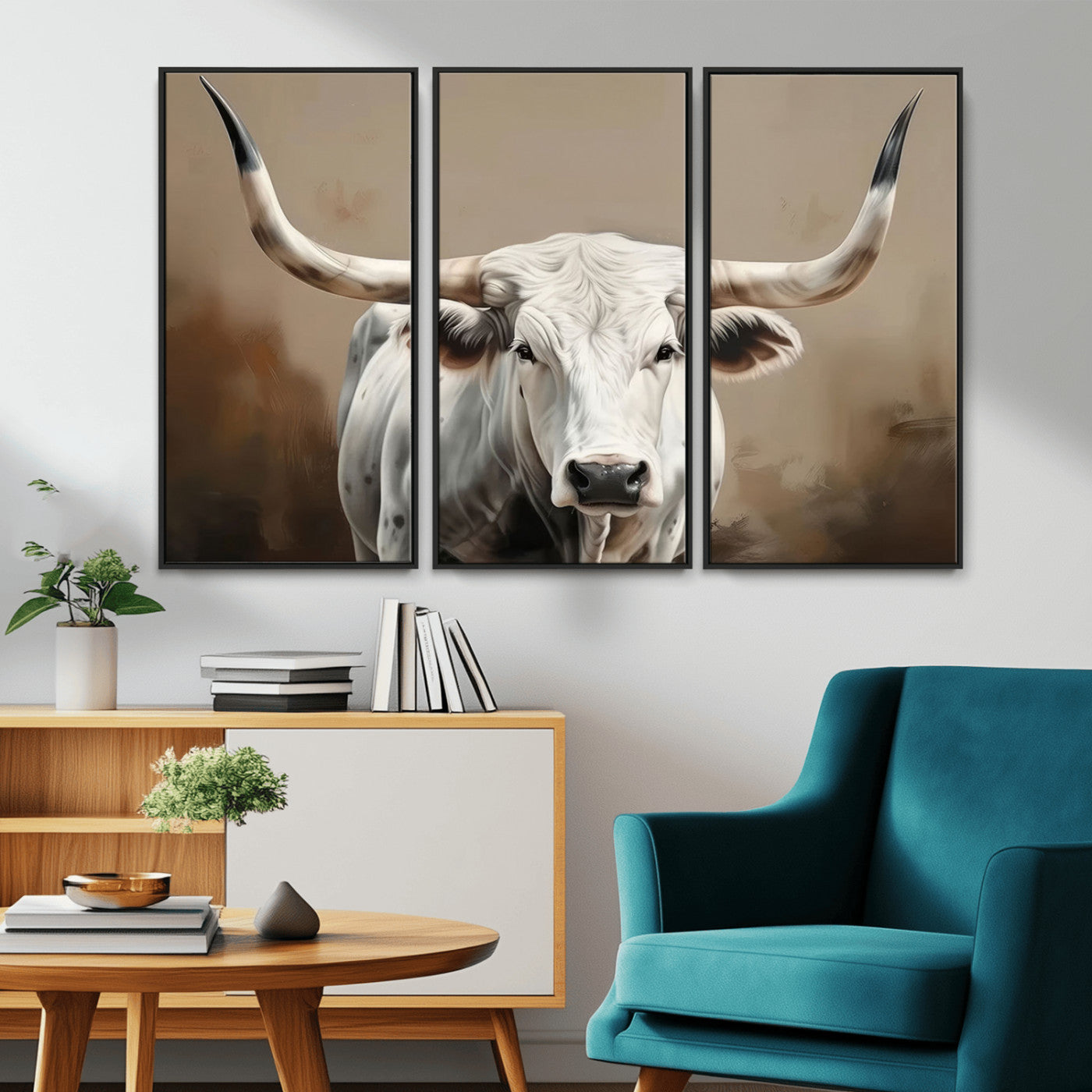 61423-MGV-FC-48X32-3P_Black-White Longhorn Bull Wall Art Canvas Print – Framed and Ready to Hang – Perfect for Farmhouse and