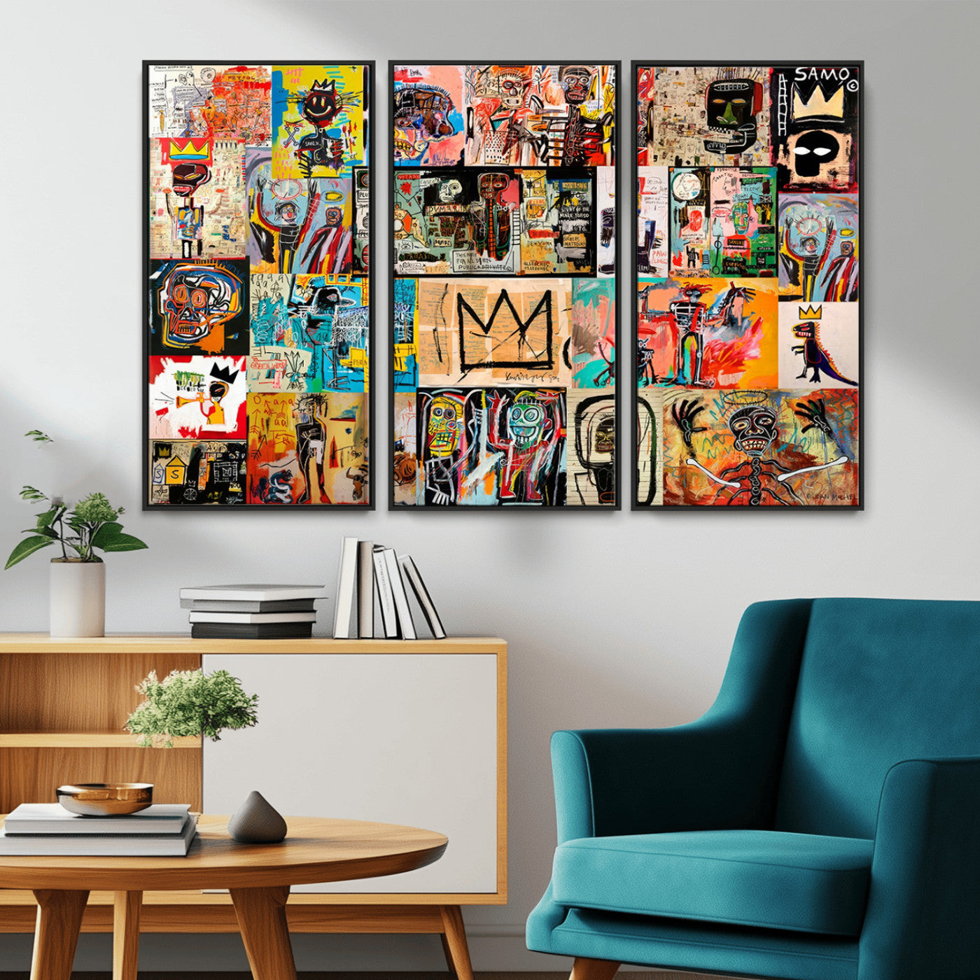 MGV-FC-48X32-3P - Basquiat Art Collage Wall Art Canvas Print – Framed, Ready to Hang, Urban Graffiti Style