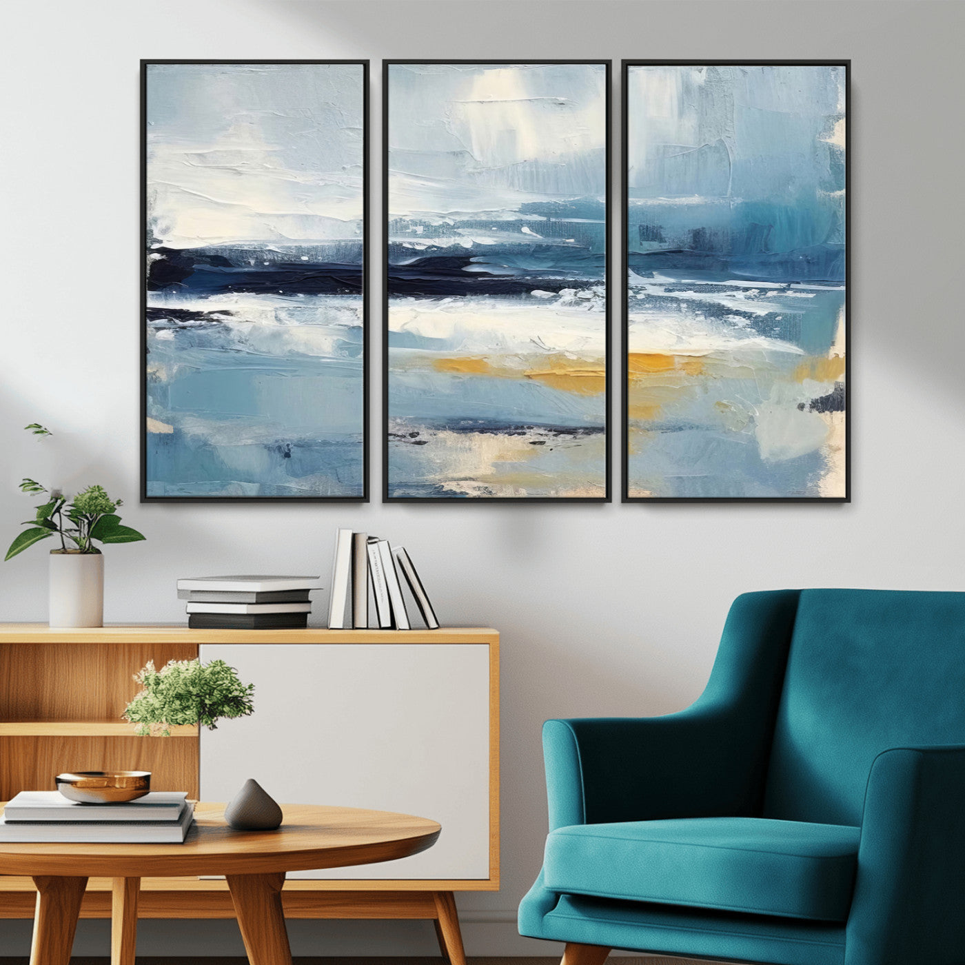 MGV-FC-48X32-3P - Abstract Ocean Canvas Wall Art - Coastal Blue and Gold Textured Painting, Modern Seascape Decor for Living Room Decor