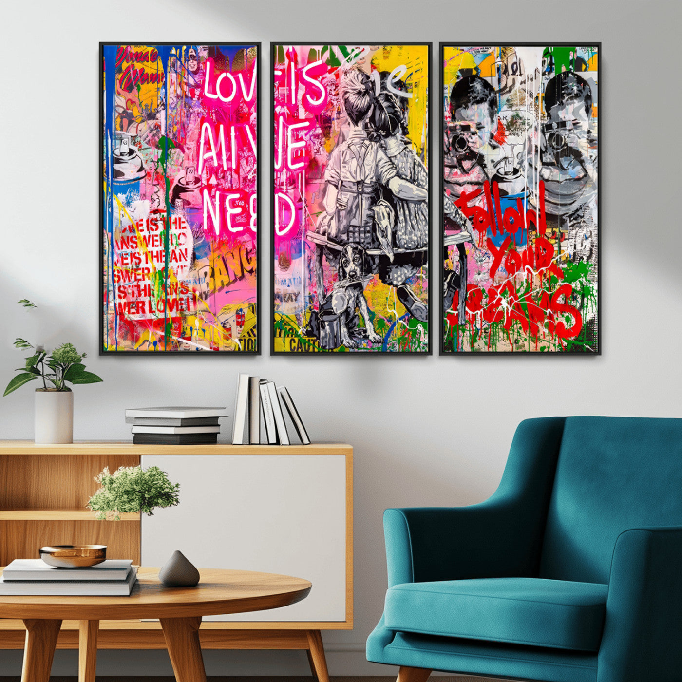 MGV-FC-48X32-3P - Follow Your Dreams & Love is All We Need Graffiti Street Art Triptych | 3-Panel Colorful Urban Wall Art for Living Room, Office, Loft Graffiti Wall Art Print
