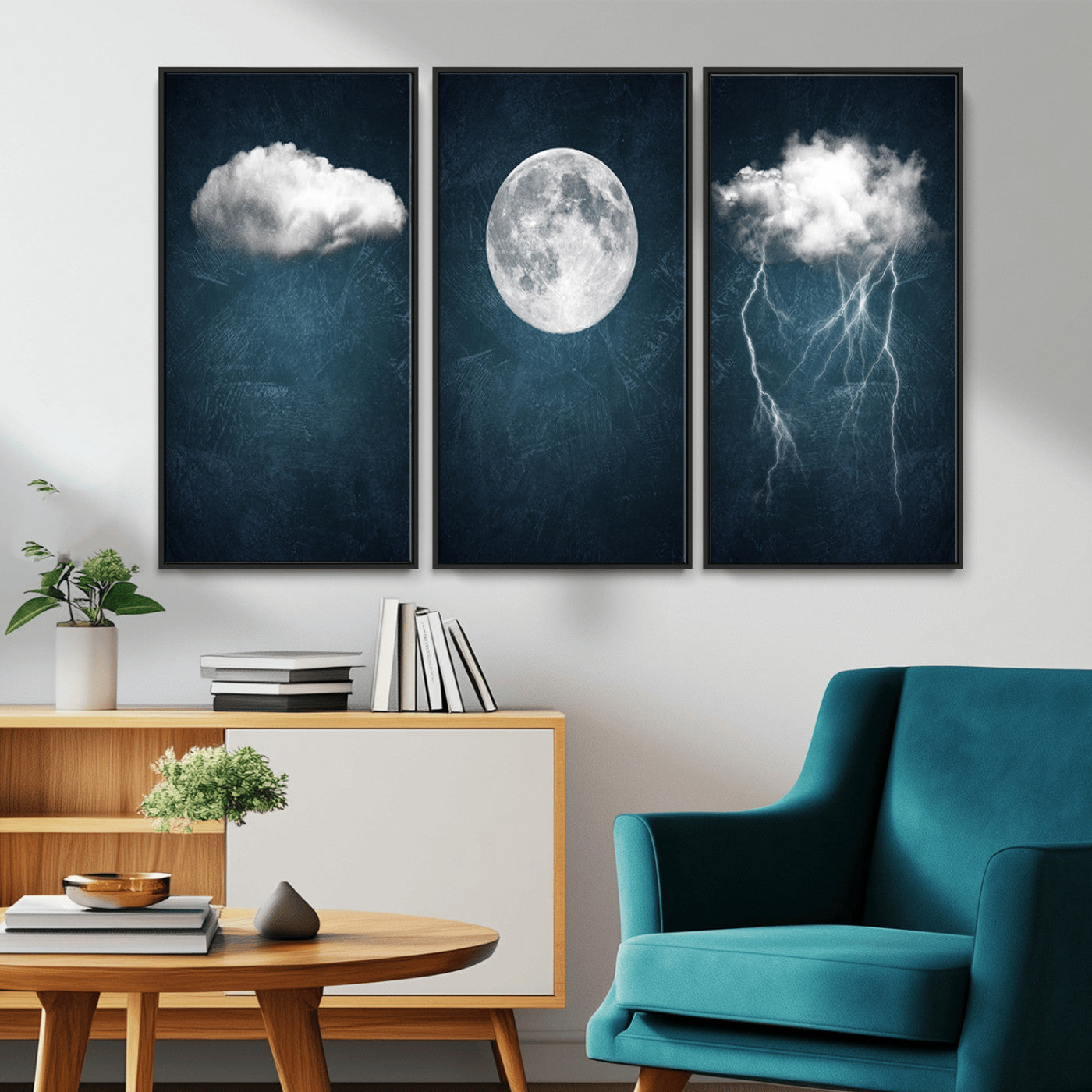 -3 Piece Indigo Cloud Wall Art, Thunderstorm Moon Cloud Artworks