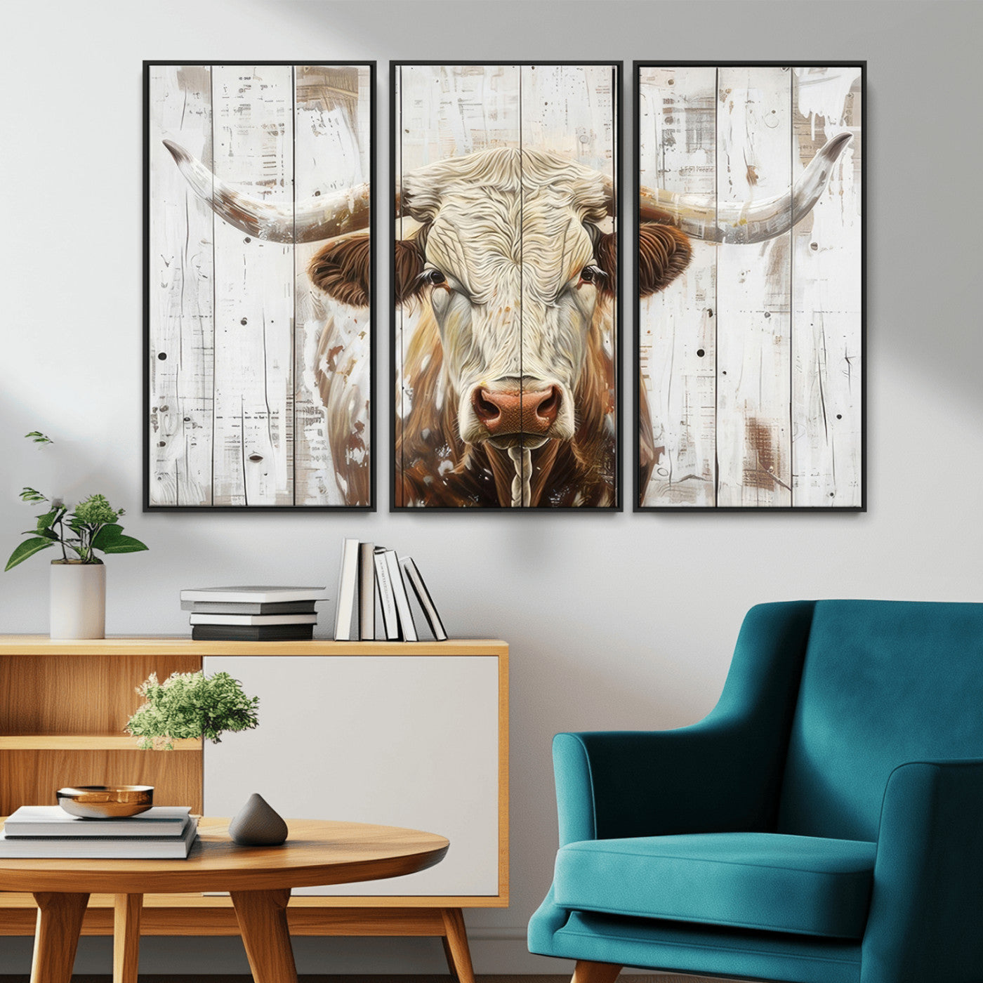 -Rustic Longhorn Bull Wall Art Canvas Set – Western-Inspired Farmhouse Décor - Ready to Hang