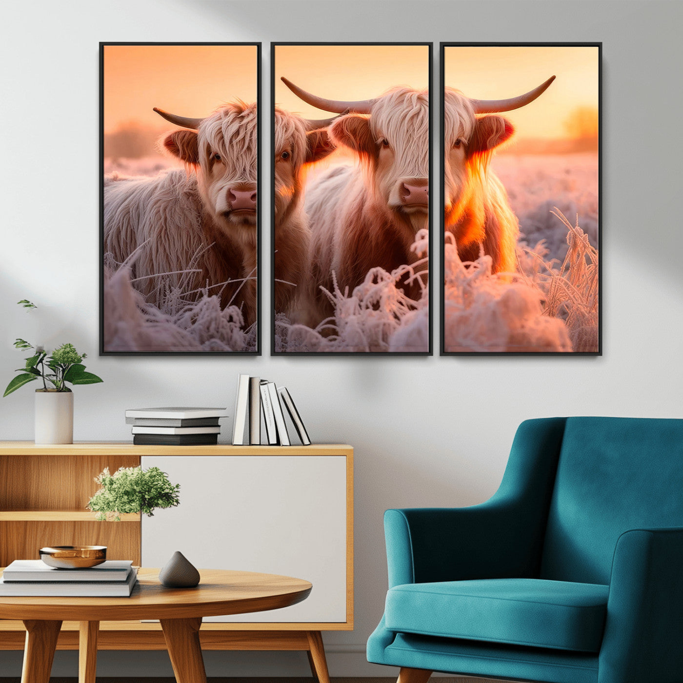 -Highland Cows at Sunrise Wall Art Canvas Set – Serene and Rustic Farmhouse Decor