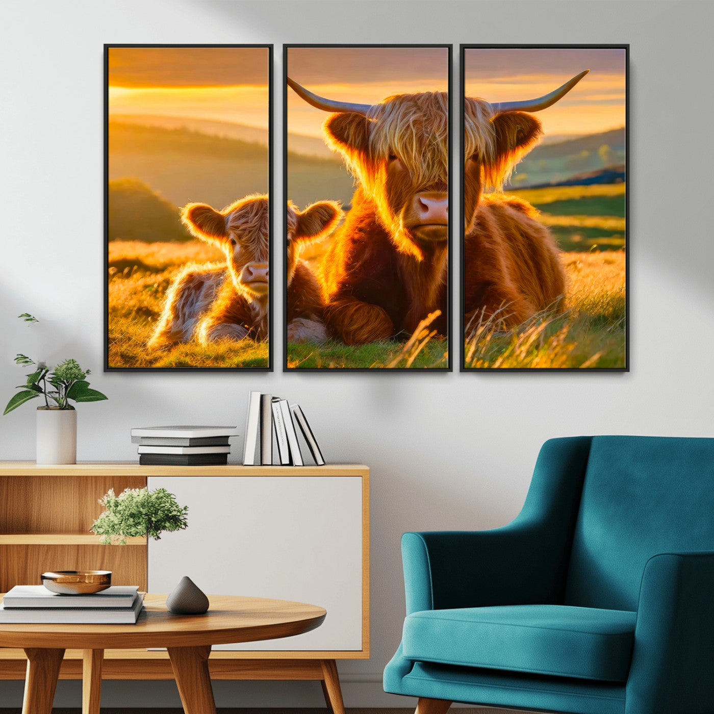 -Scottish Cow and Baby Cow Canvas Wall Art Animal Print Fluffy Cattle Framed Farmhouse Decor