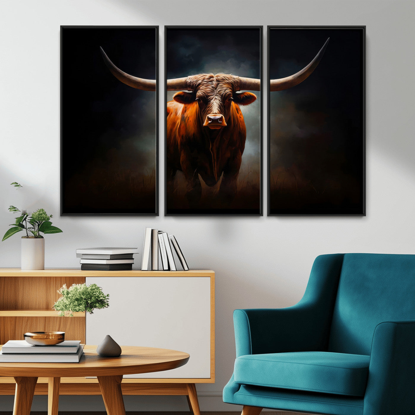 MGV-FC-48X32-3P - Abstract Texas Longhorn Wall Art Print | 3-Panel Large Texas Longhorn Canvas Print for Living Room, Office  Farmhouse Decor | Framed Longhorn Wall Art
