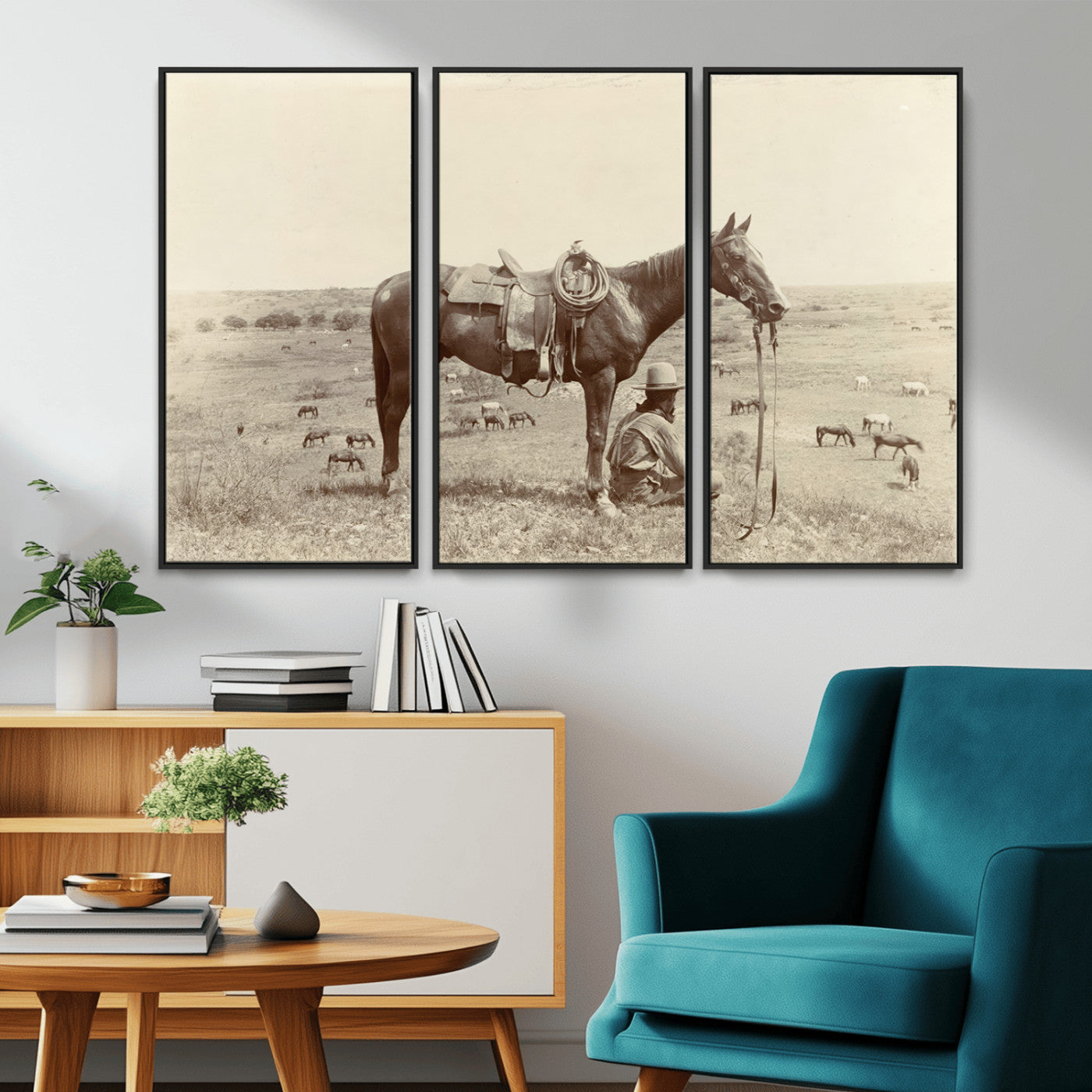 MGV-FC-48X32-3P - Cowboy Wall Art - Western Horse Canvas Print - Vintage Western Wall Art Canvas Print, Ready to Hang