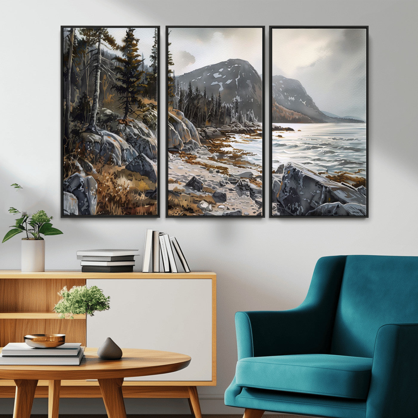 -Serene Coastal View of Acadia National Park - Stunning 3-Panel Wall Art Canvas Print, Framed, Ready