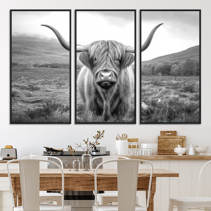 Black White Scottish Highland Cow Canvas Farm Wall Art Canvas Print